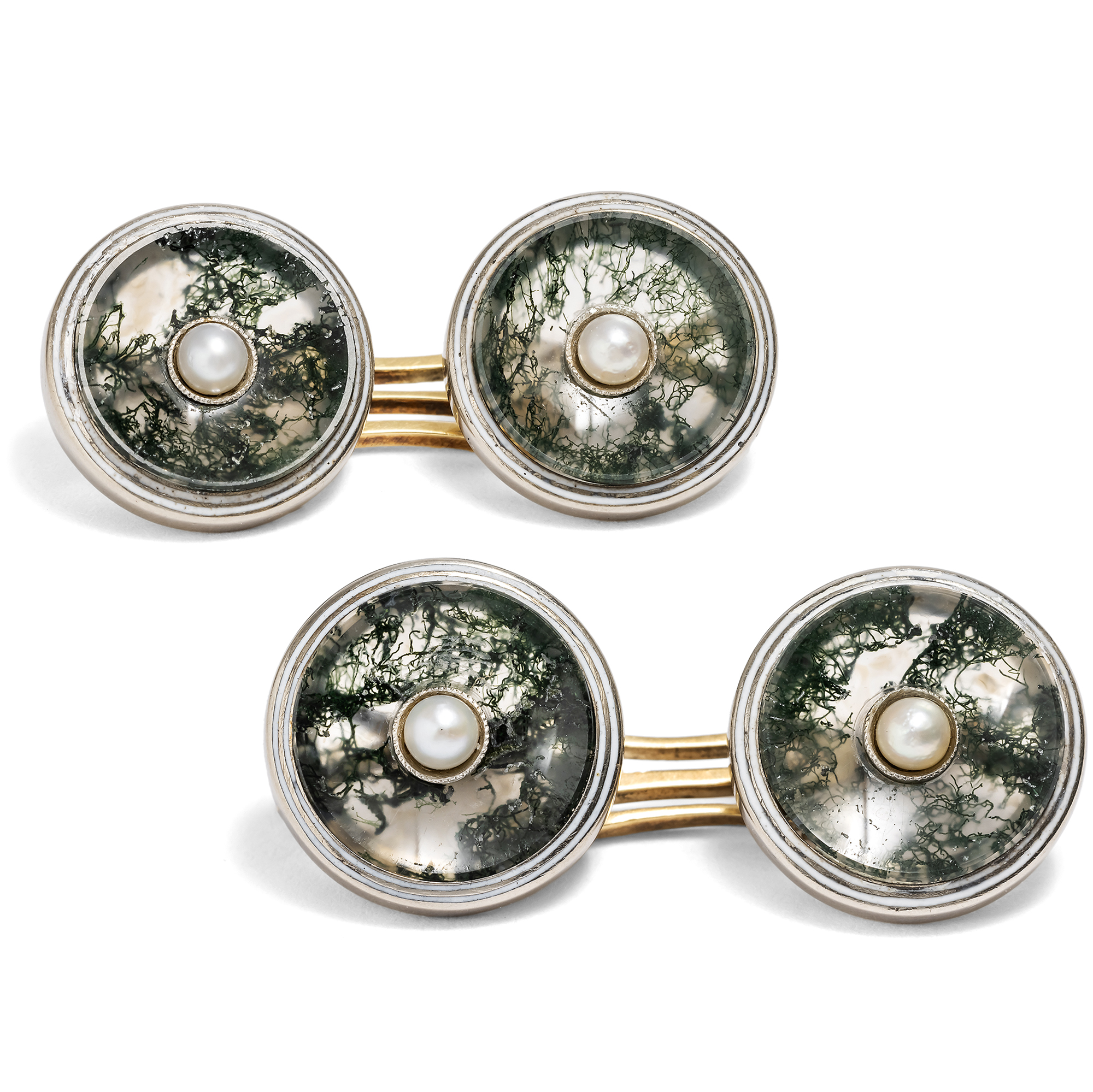 Antique Gold & Platinum Cufflinks with Moss Agate & Pearls, c. 1910