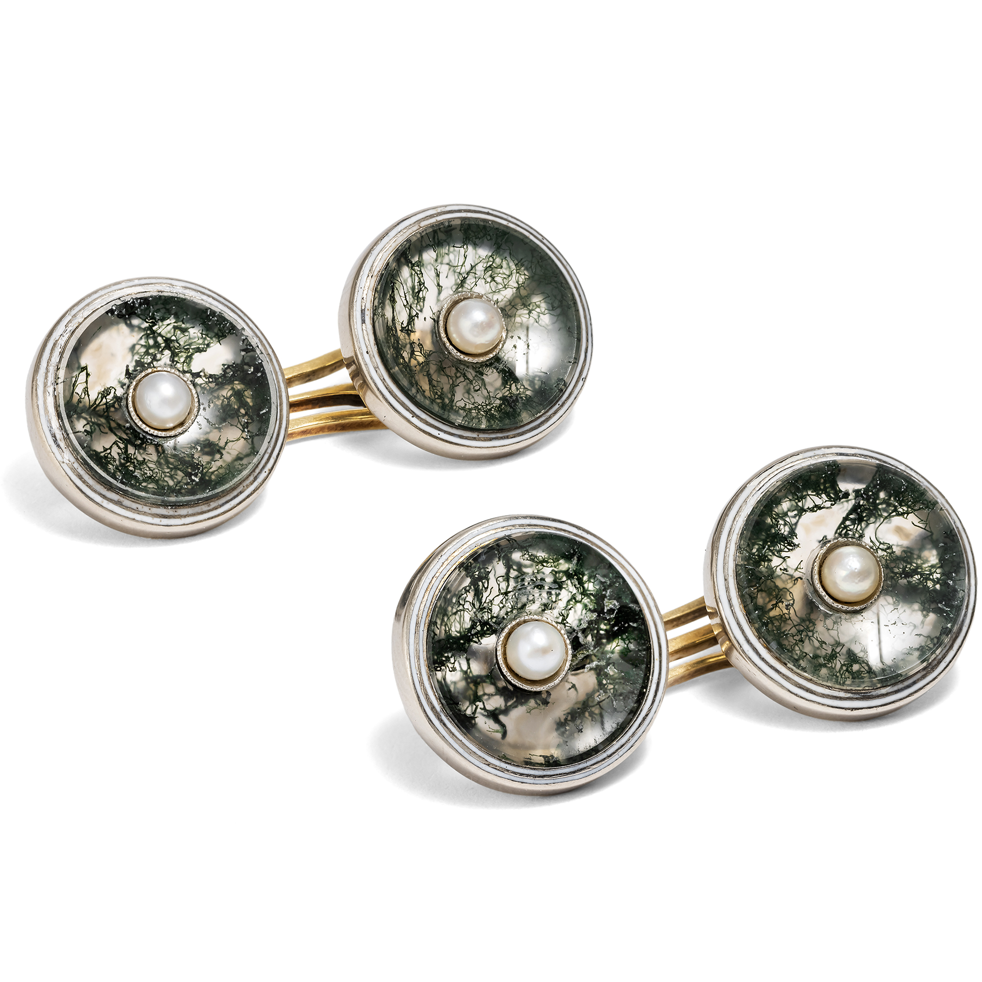 Antique Gold & Platinum Cufflinks with Moss Agate & Pearls, c. 1910