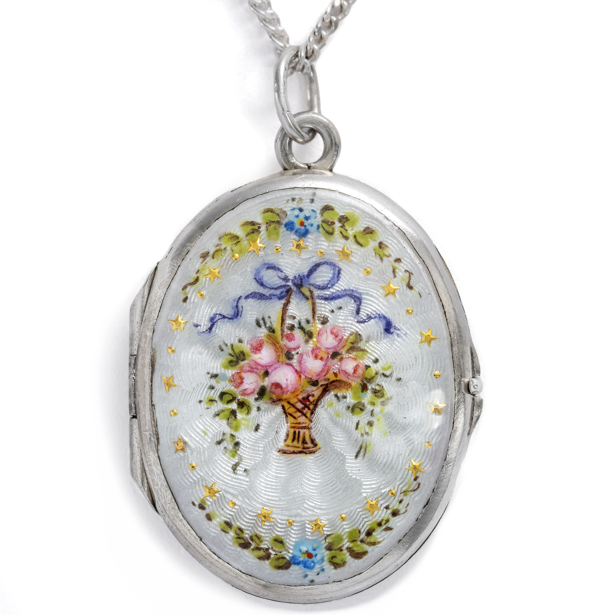 Antique Enameled Silver Locket Pendant, c. 1910