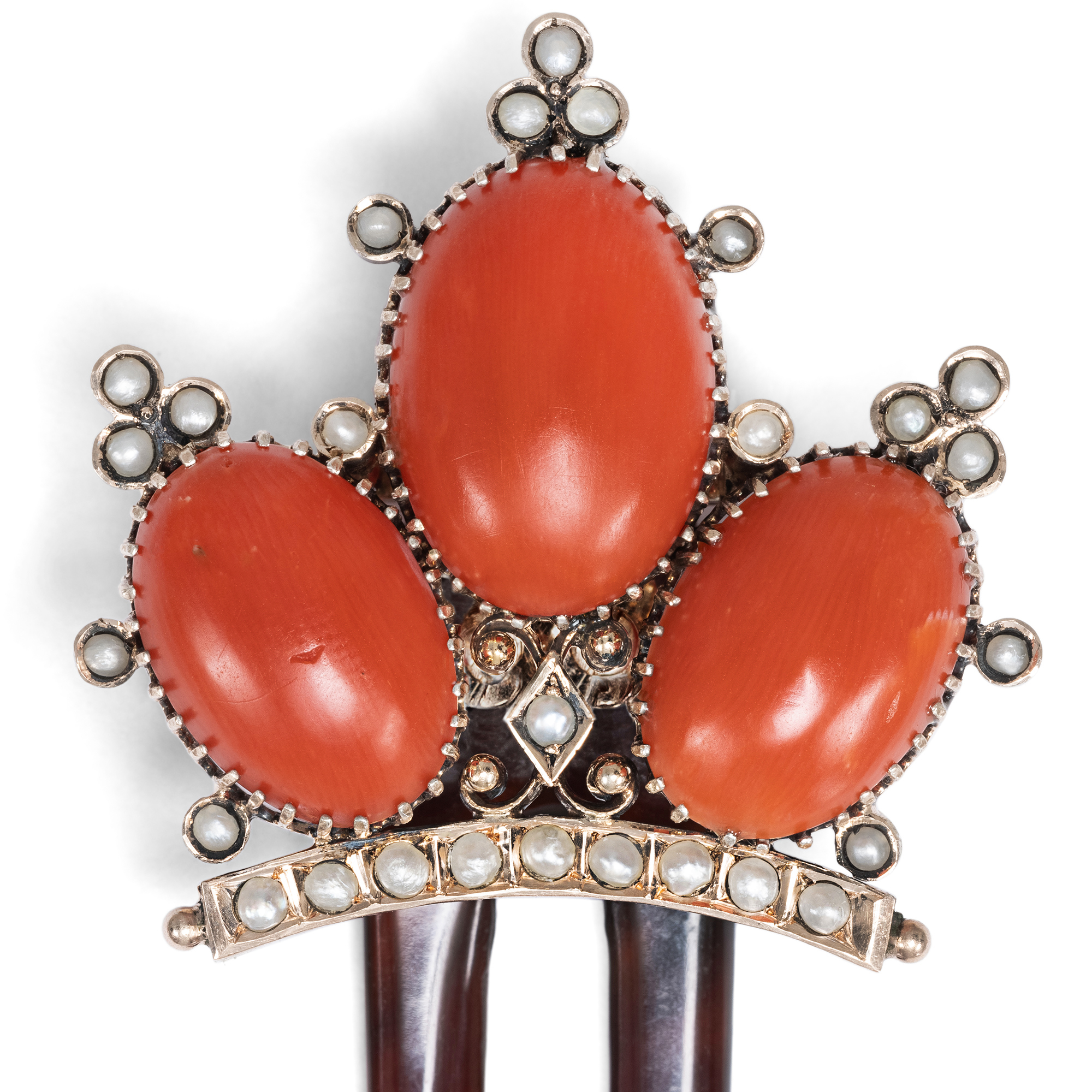 Antique Horn Comb with Corals & Pearls, c. 1880