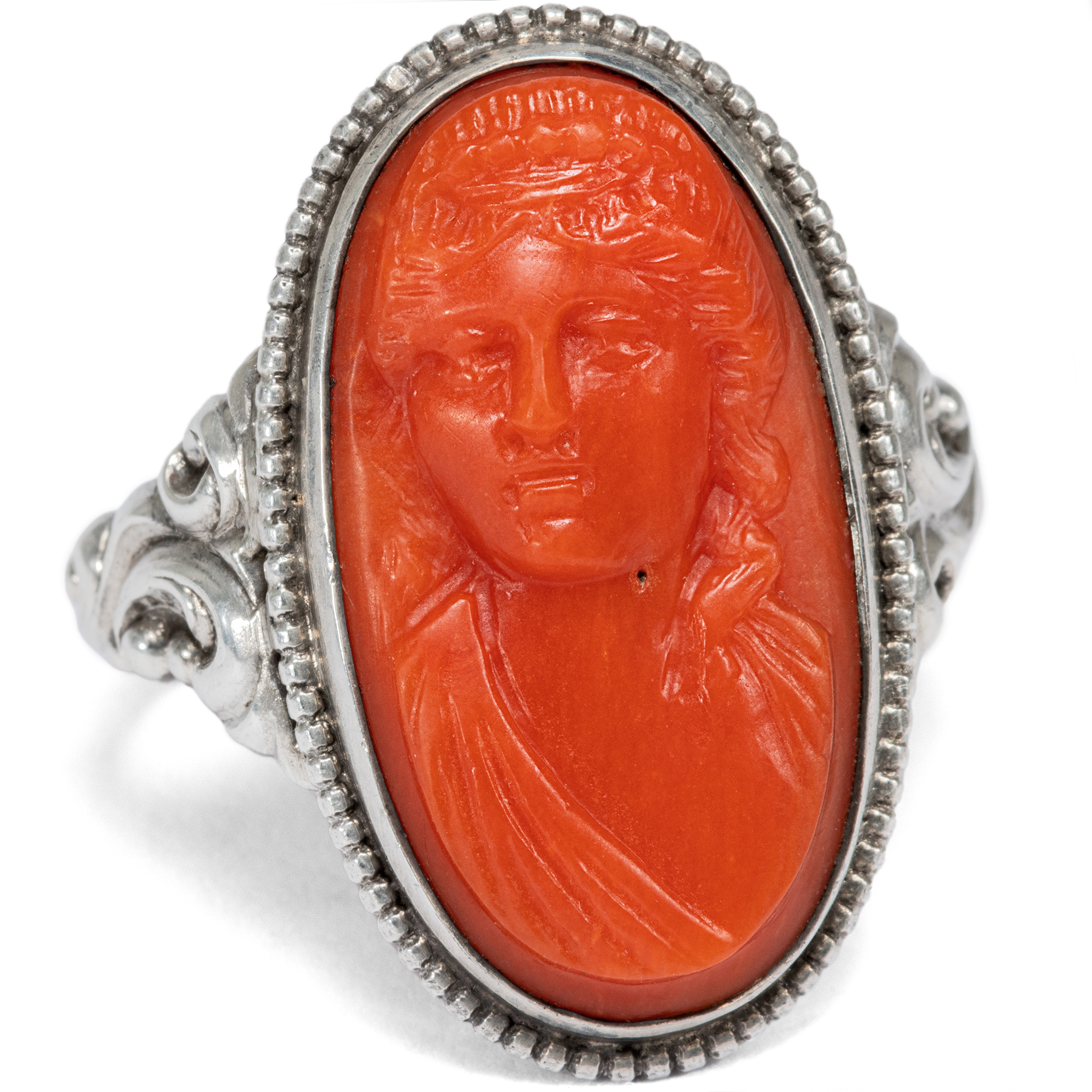 Large Mediterranean Coral Cameo in a Silver Ring, c. 1910