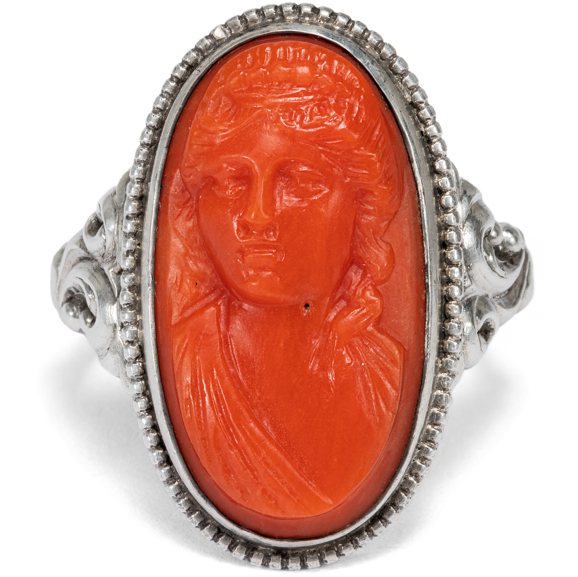 Large Mediterranean Coral Cameo in a Silver Ring, c. 1910