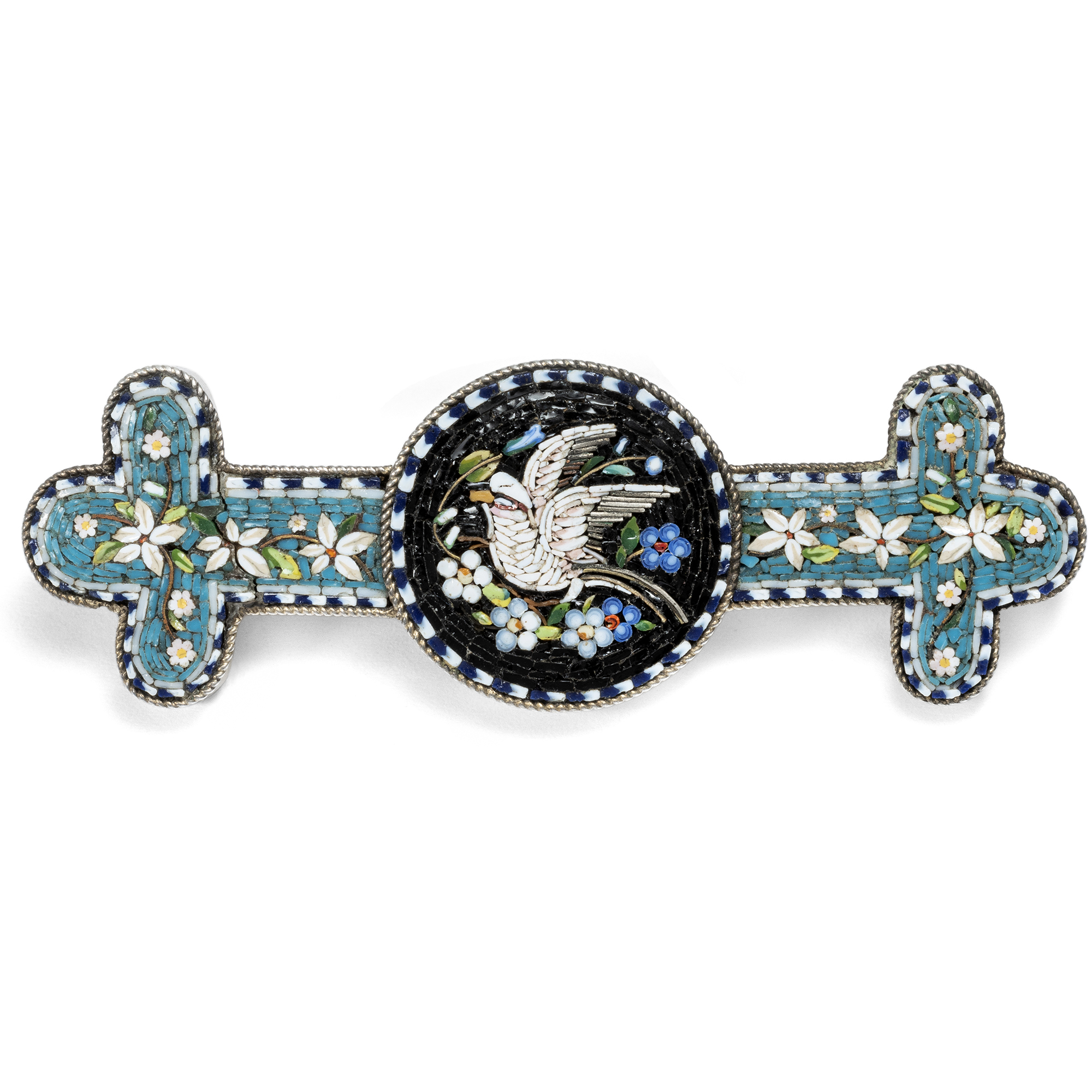 Romantic Silver Brooch with Micromosai, Rome c. 1880