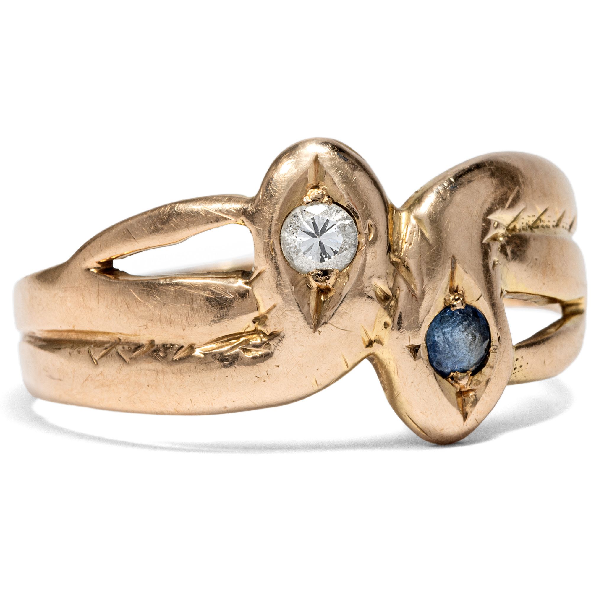 Small Antique Gold Snake Ring with Sapphire & Diamond, c. 1895