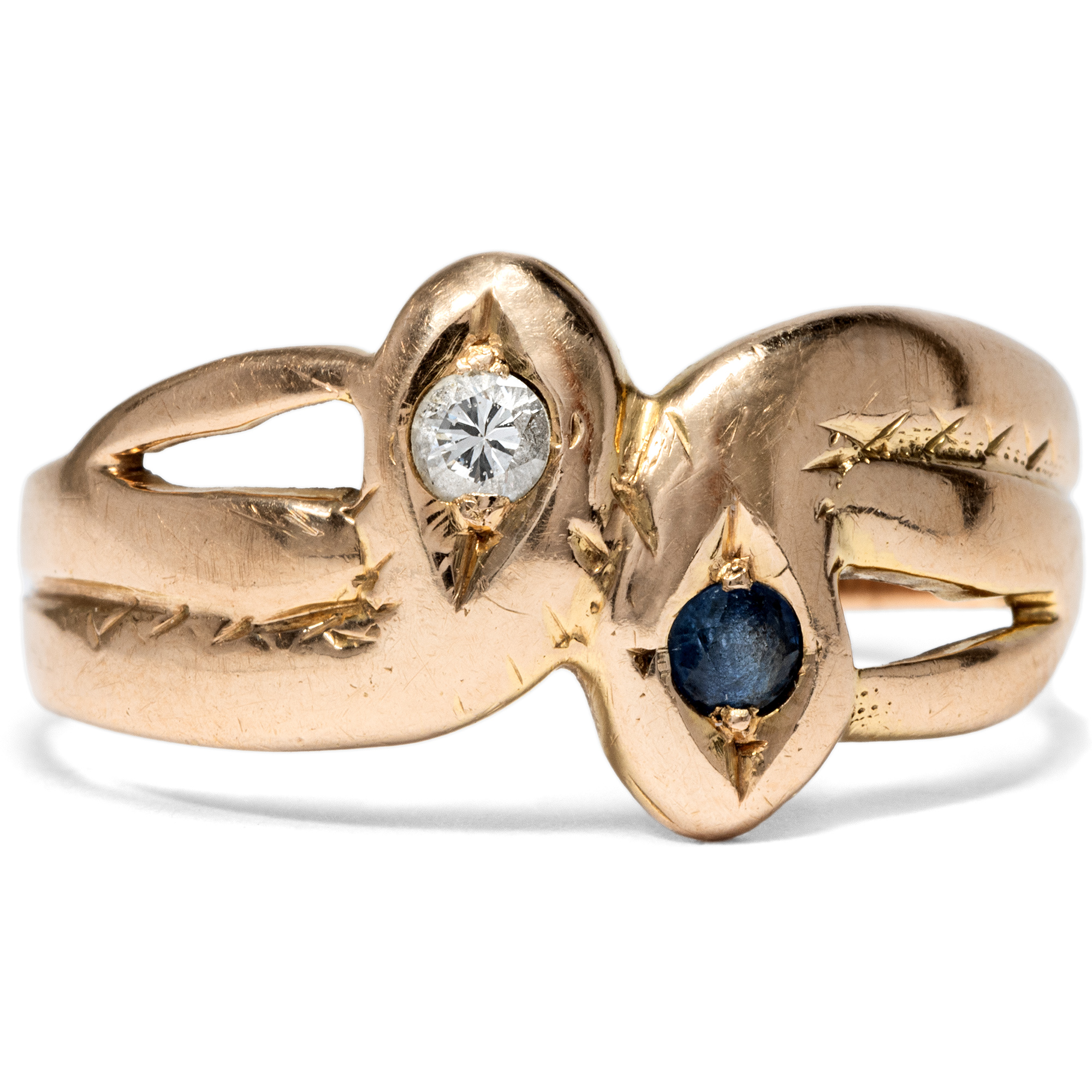 Small Antique Gold Snake Ring with Sapphire & Diamond, c. 1895