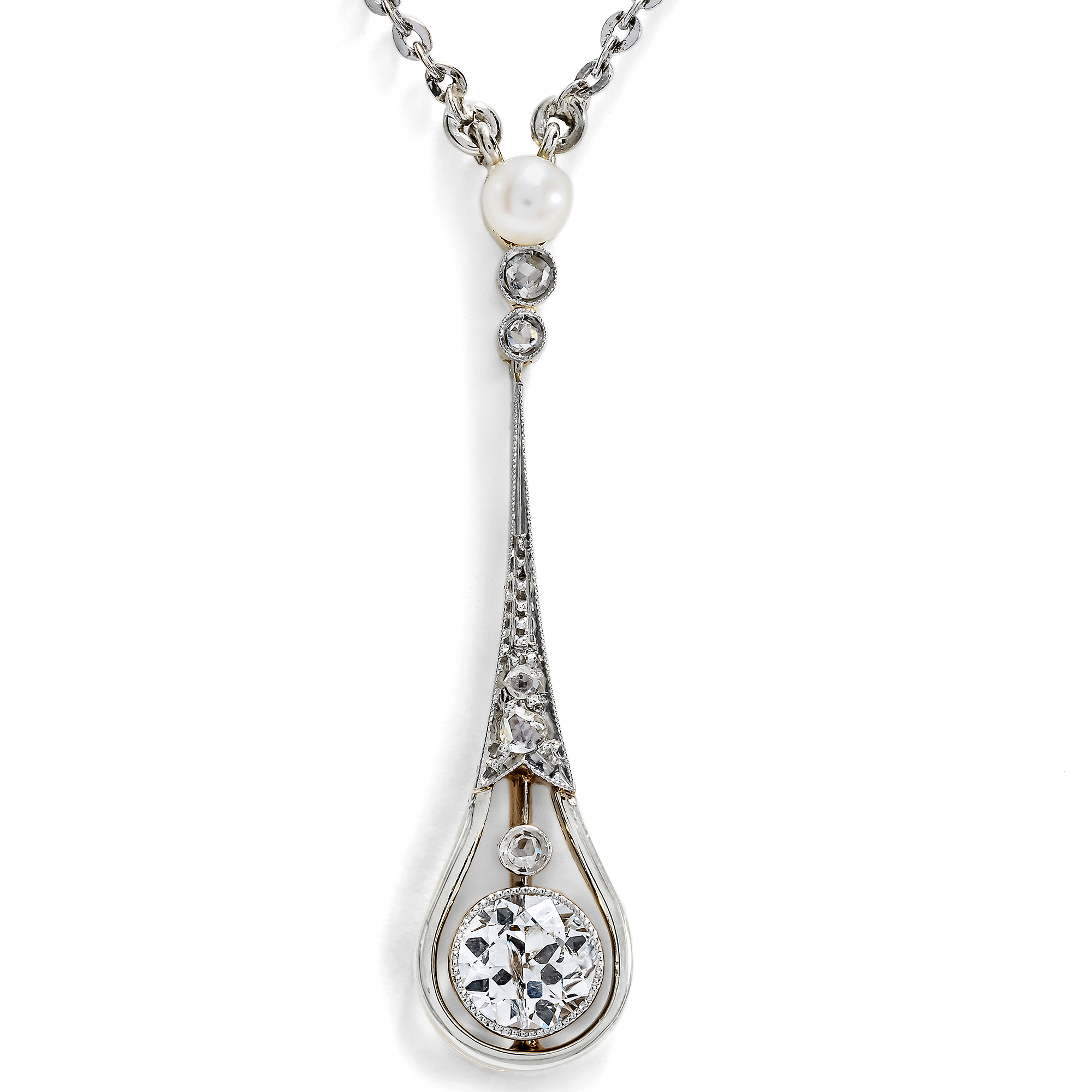 Delicate Necklace with Pearl & Diamonds in Platinum on Gold, c. 1920