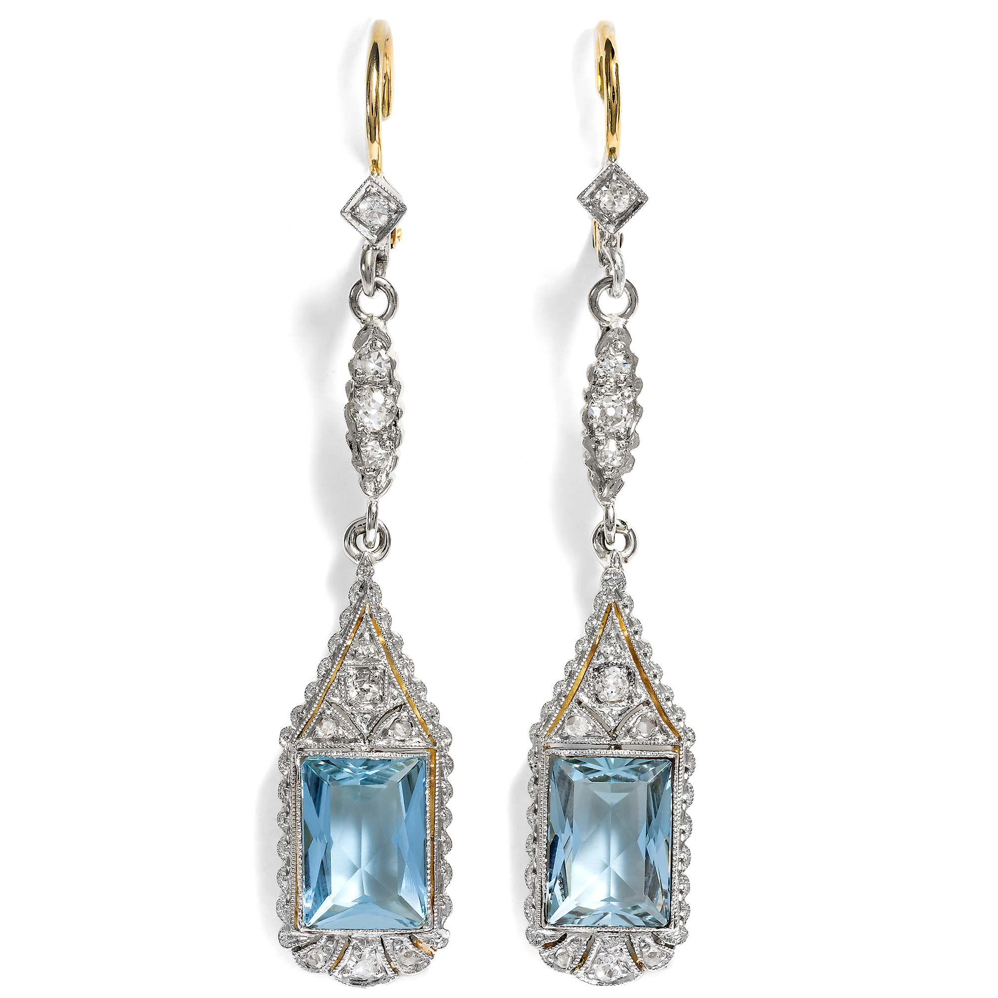 Wonderful Art Deco Aquamarine Earrings With Diamond Setting, Germany Circa 1930 & Later