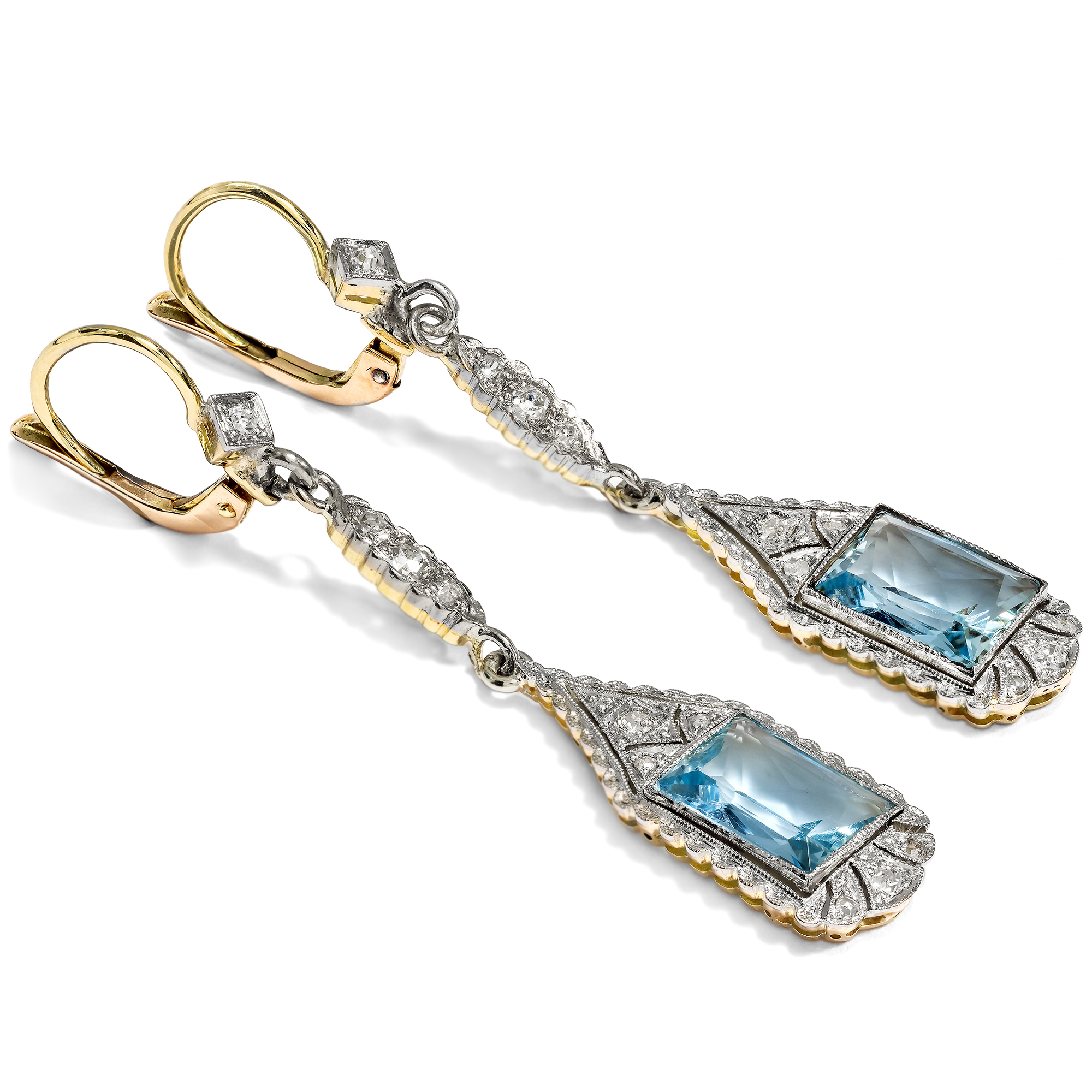 Wonderful Art Deco Aquamarine Earrings With Diamond Setting, Germany Circa 1930 & Later