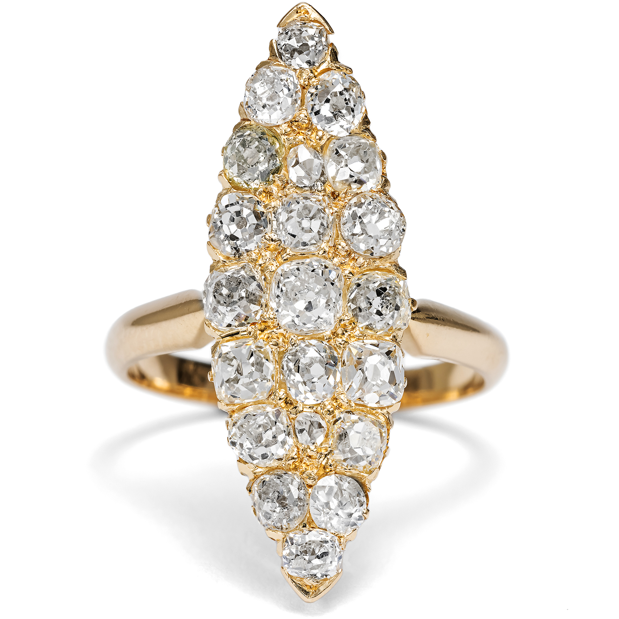 Large Antique Marquise Ring with 2.30 Old Cut Diamonds in Gold, c. 1890