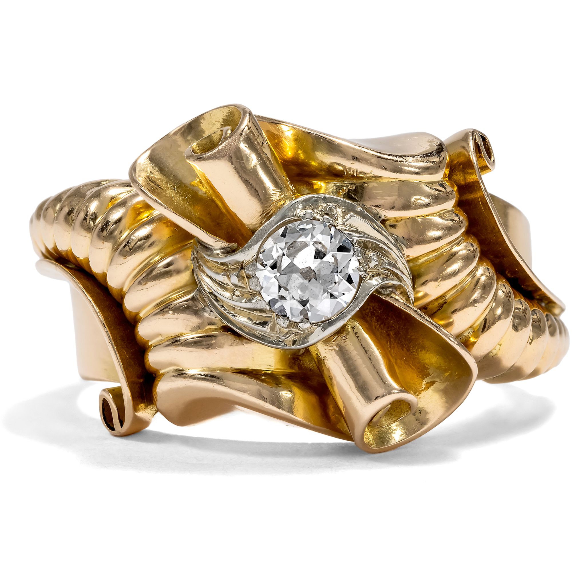 Expressive Retro Style Gold Ring with old European Cut Diamond, 1940s