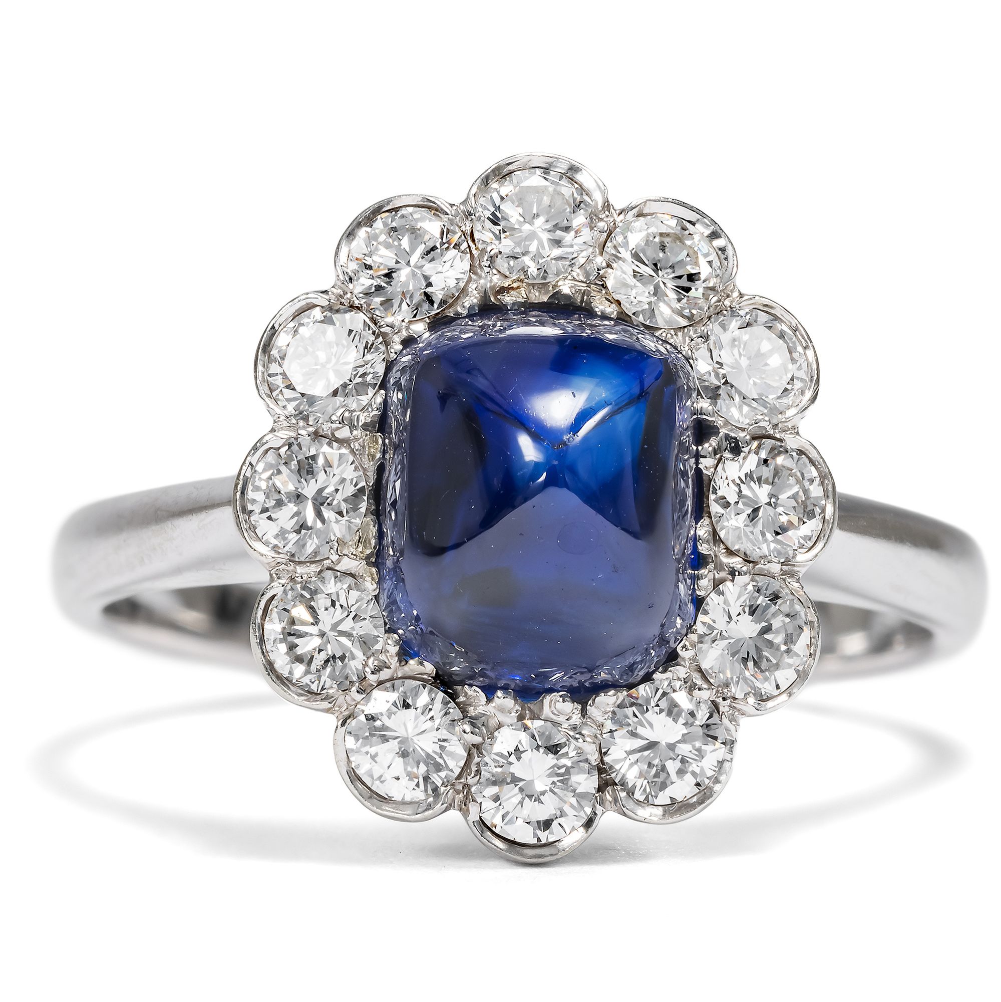 Vintage Sugarloaf Sapphire and Diamond Cluster Ring in White Gold, c. 1980