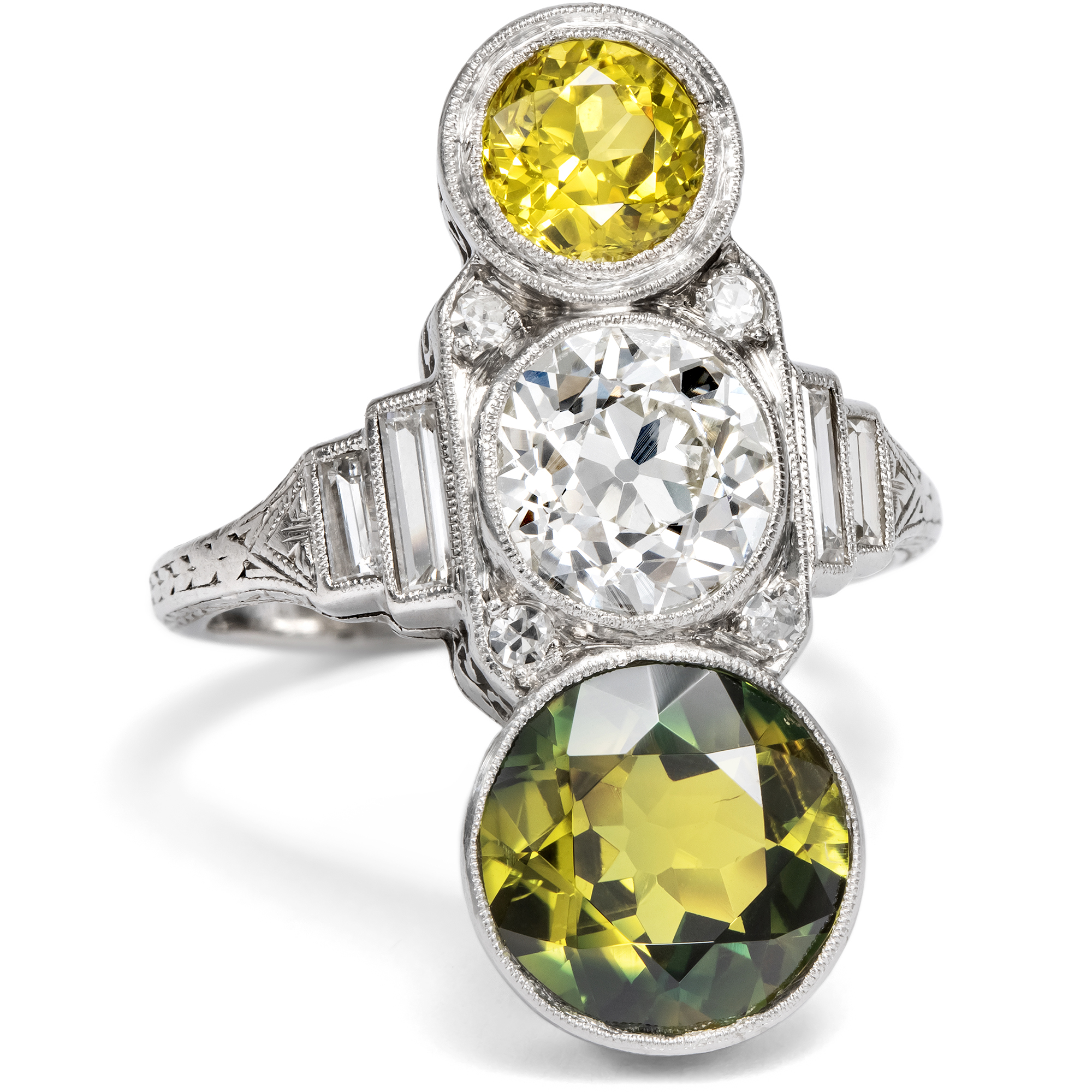 Exceptional Art Déco Green and Yellow Sapphire Ring, c. 1925 Exceptional Art Déco Green and Yellow Sapphire Ring, c. 1925