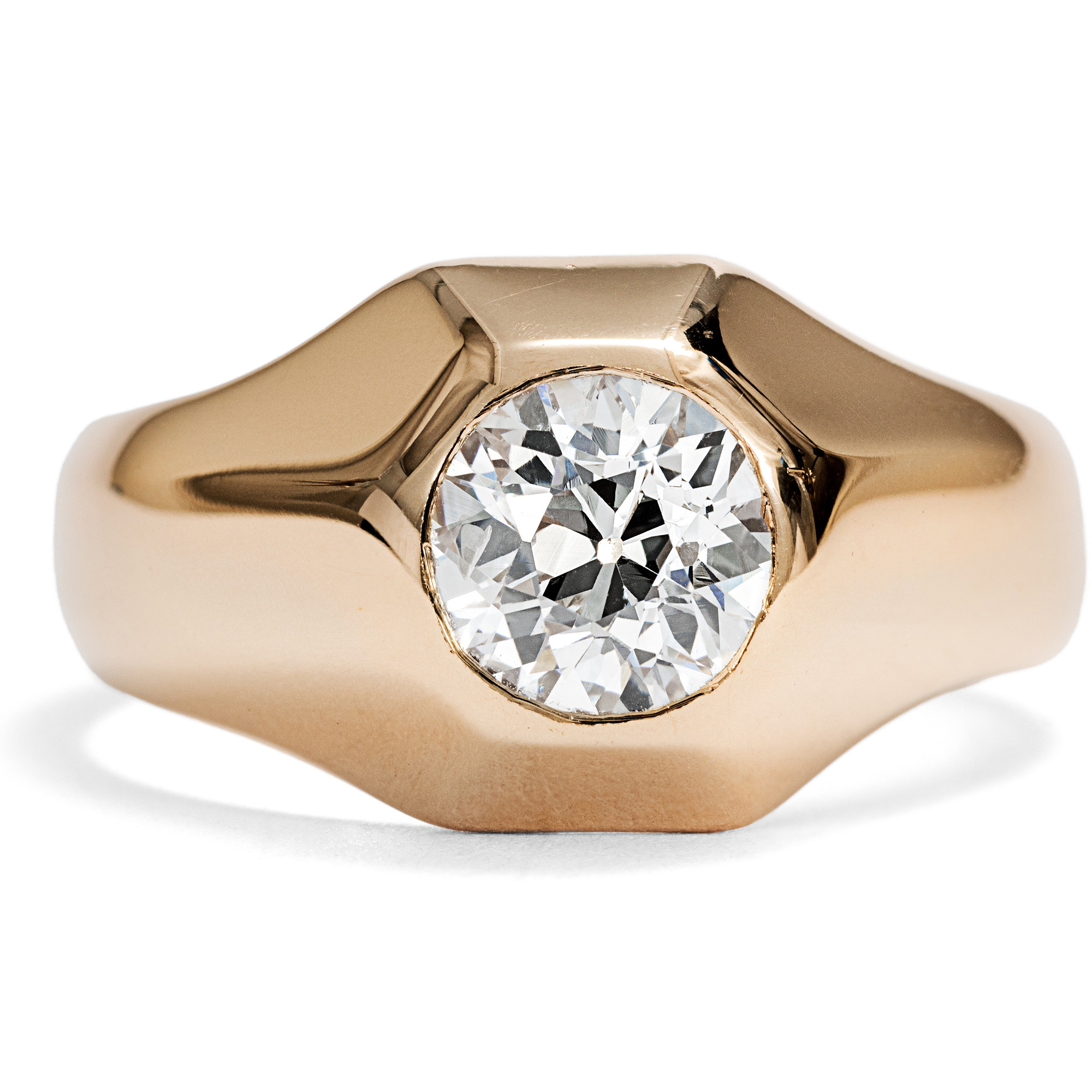 Unisex Solitaire Ring with Old Cut Diamond in Rose Gold, c. 1930s