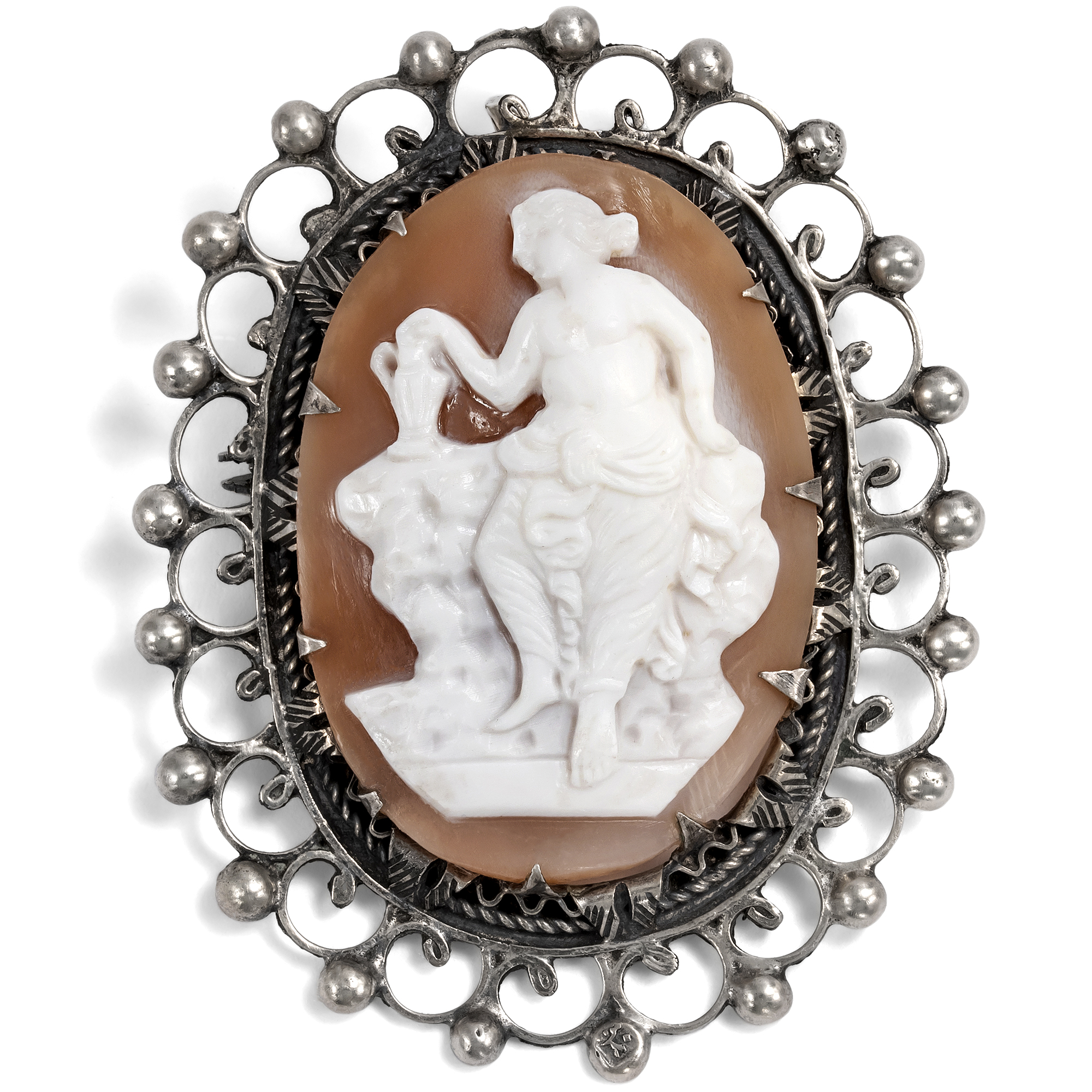 Antique Pendant Brooch With Shell Cameo in Silver, Cairo Circa 1925