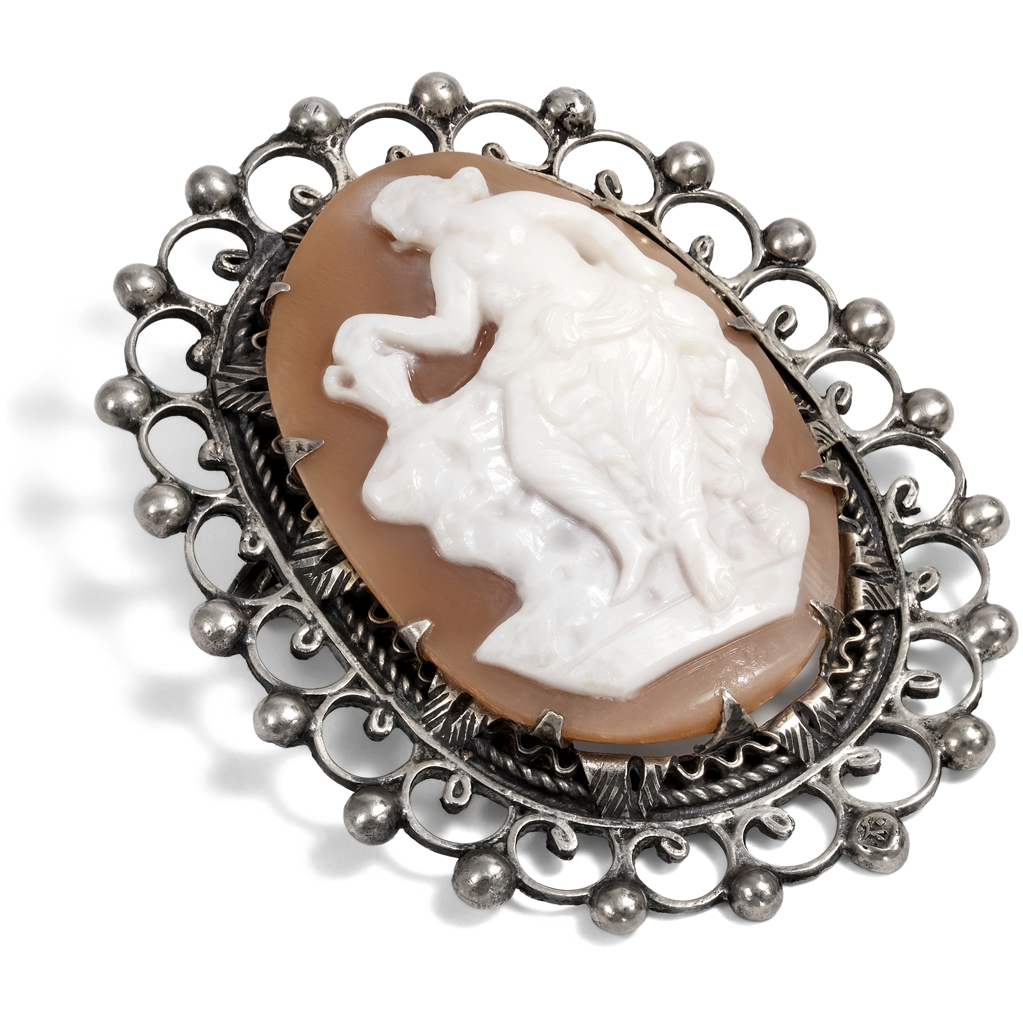 Antique Pendant Brooch With Shell Cameo in Silver, Cairo Circa 1925