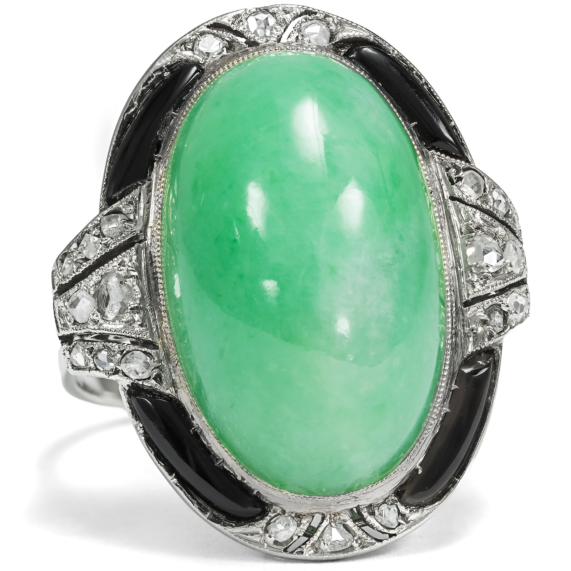 Eleganter Ring des Art Déco mit Jade, Onyx & Diamanten in Weißgold, um 1930