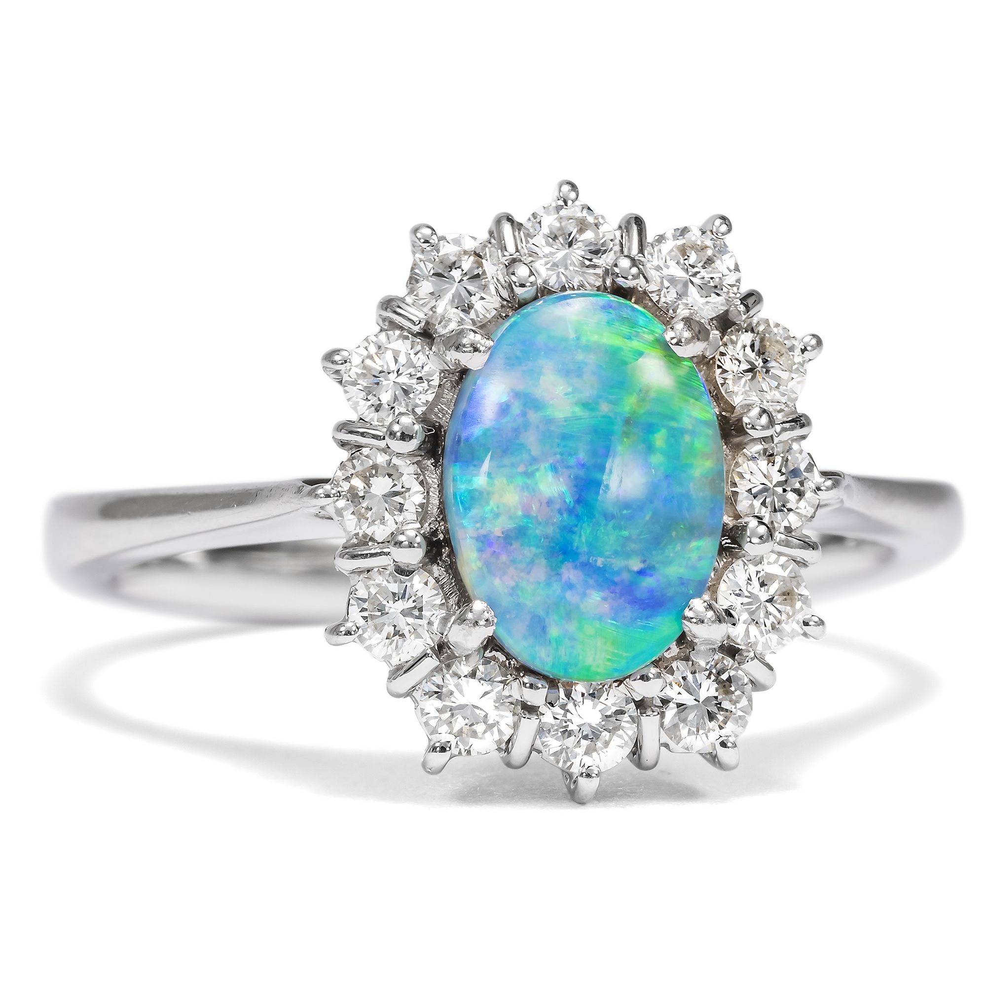 Vintage Black Opal and Diamond Cluster Ring in White Gold, c. 1980