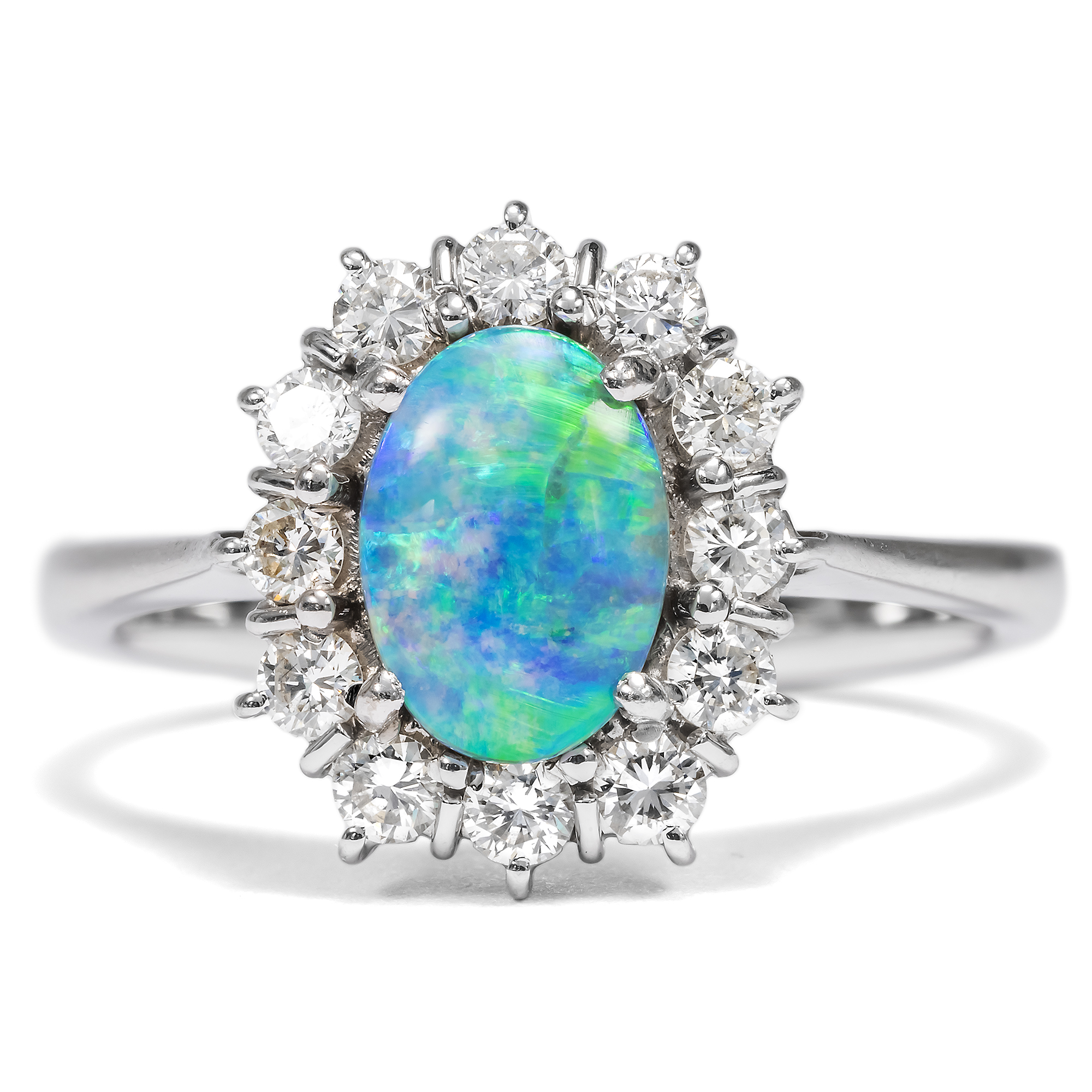 Vintage Black Opal and Diamond Cluster Ring in White Gold, c. 1980