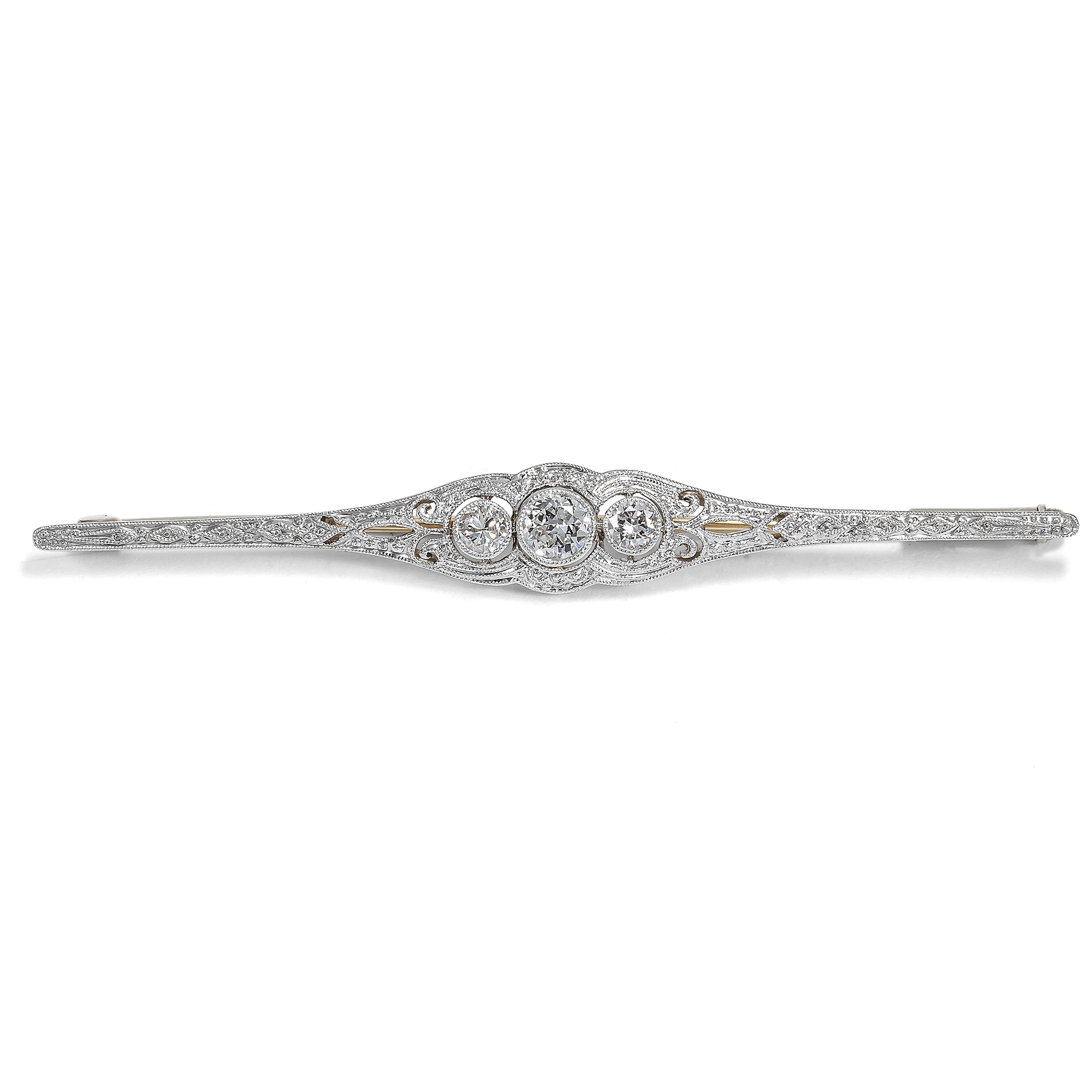 Elegant Bar Brooch with Diamonds in Gold & Platinum, c. 1925