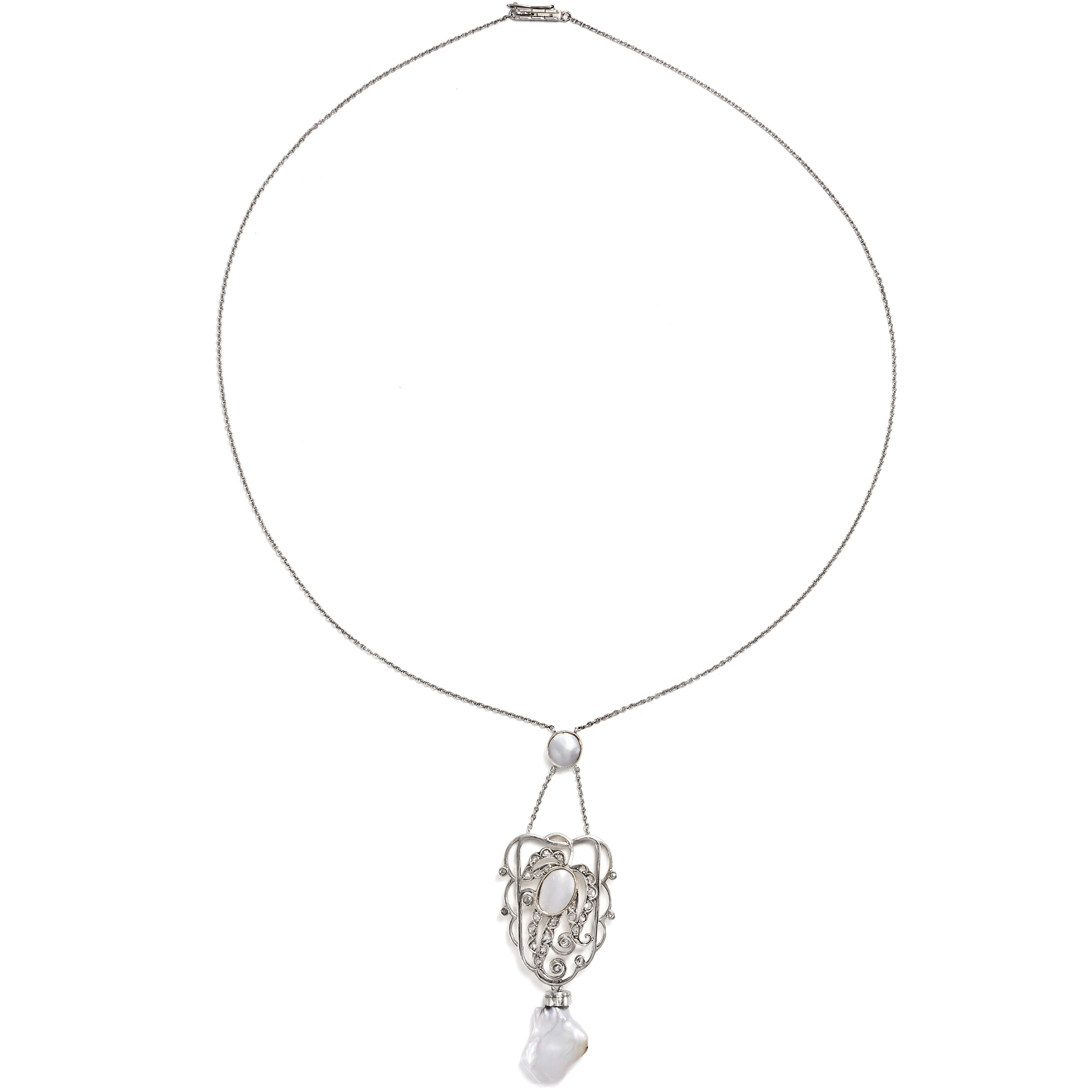 Elegantes Collier mit Diamanten & Perlen in Silber auf Gold, um 1915 Elegantes Collier mit Diamanten & Perlen in Silber auf Gold, um 1915