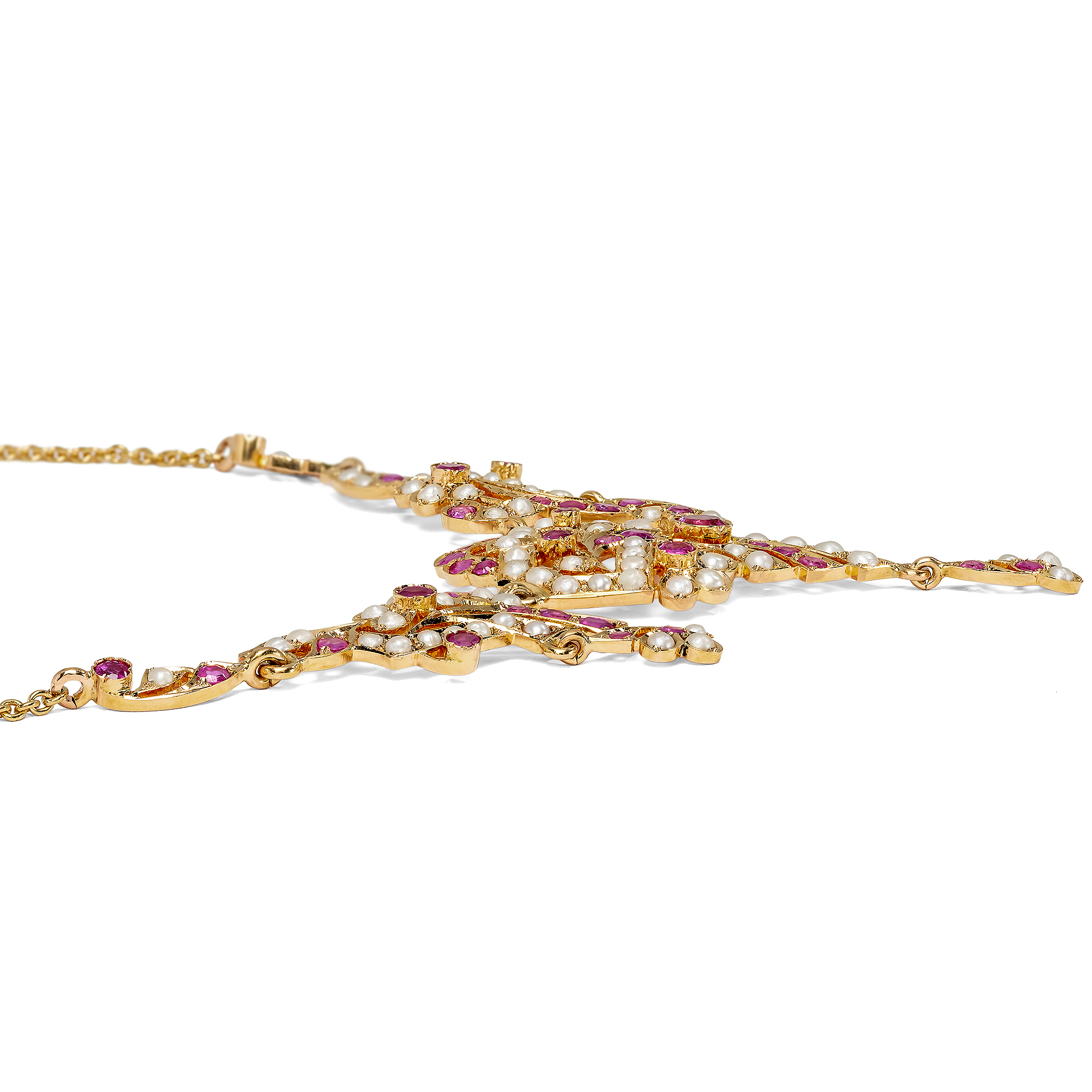 Glamorous "Drapery" Gold Necklace with Burma Rubies & Natural Pearls, 1940s Glamorous "Drapery" Gold Necklace with Burma Rubies & Natural Pearls, 1940s