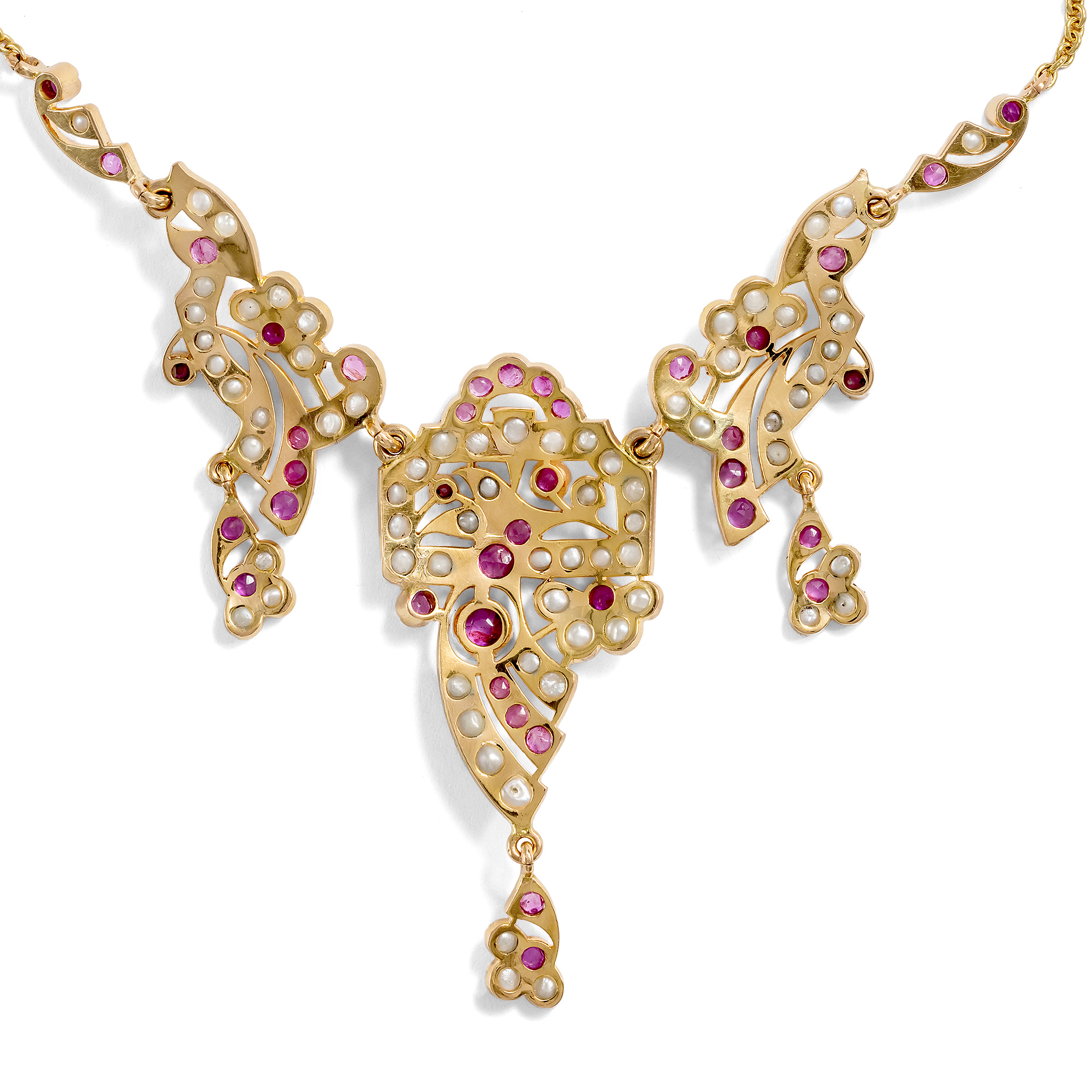 Glamorous "Drapery" Gold Necklace with Burma Rubies & Natural Pearls, 1940s Glamorous "Drapery" Gold Necklace with Burma Rubies & Natural Pearls, 1940s