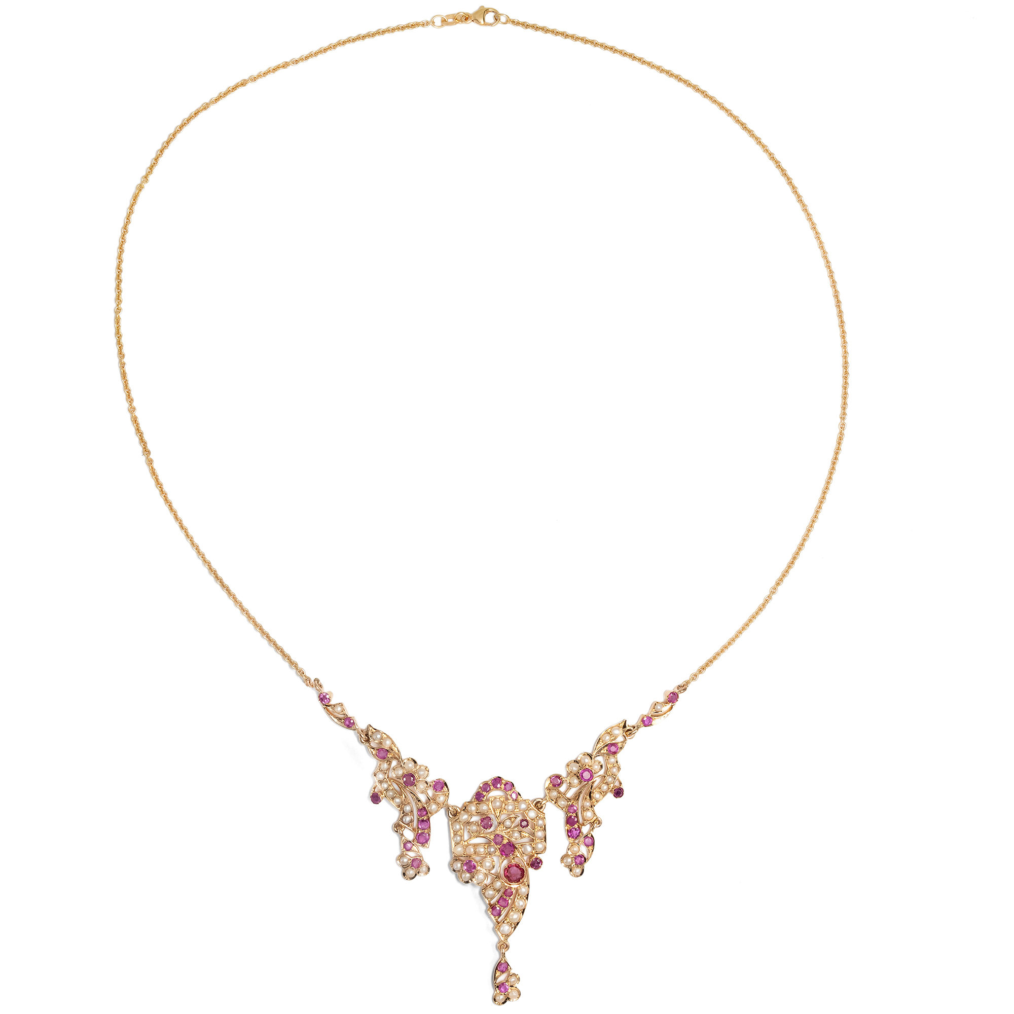 Glamorous "Drapery" Gold Necklace with Burma Rubies & Natural Pearls, 1940s Glamorous "Drapery" Gold Necklace with Burma Rubies & Natural Pearls, 1940s