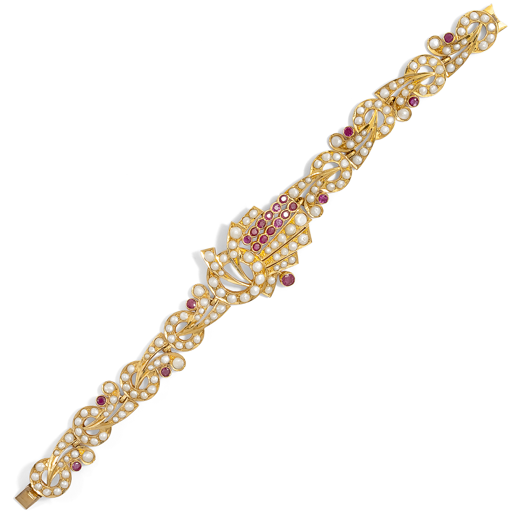 Glamorous "Drapery" Bracelet with Burma Rubies & Natural Pearls, 1940s Glamorous "Drapery" Bracelet with Burma Rubies & Natural Pearls, 1940s