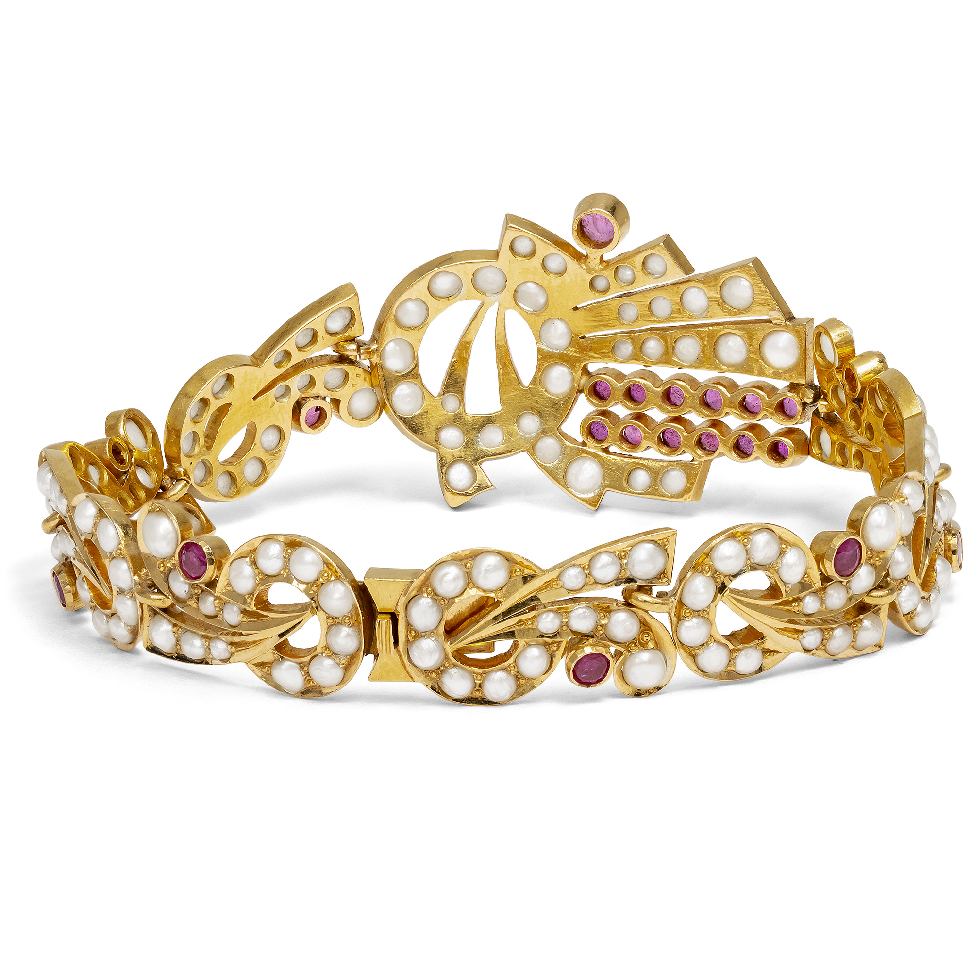 Glamorous "Drapery" Bracelet with Burma Rubies & Natural Pearls, 1940s Glamorous "Drapery" Bracelet with Burma Rubies & Natural Pearls, 1940s