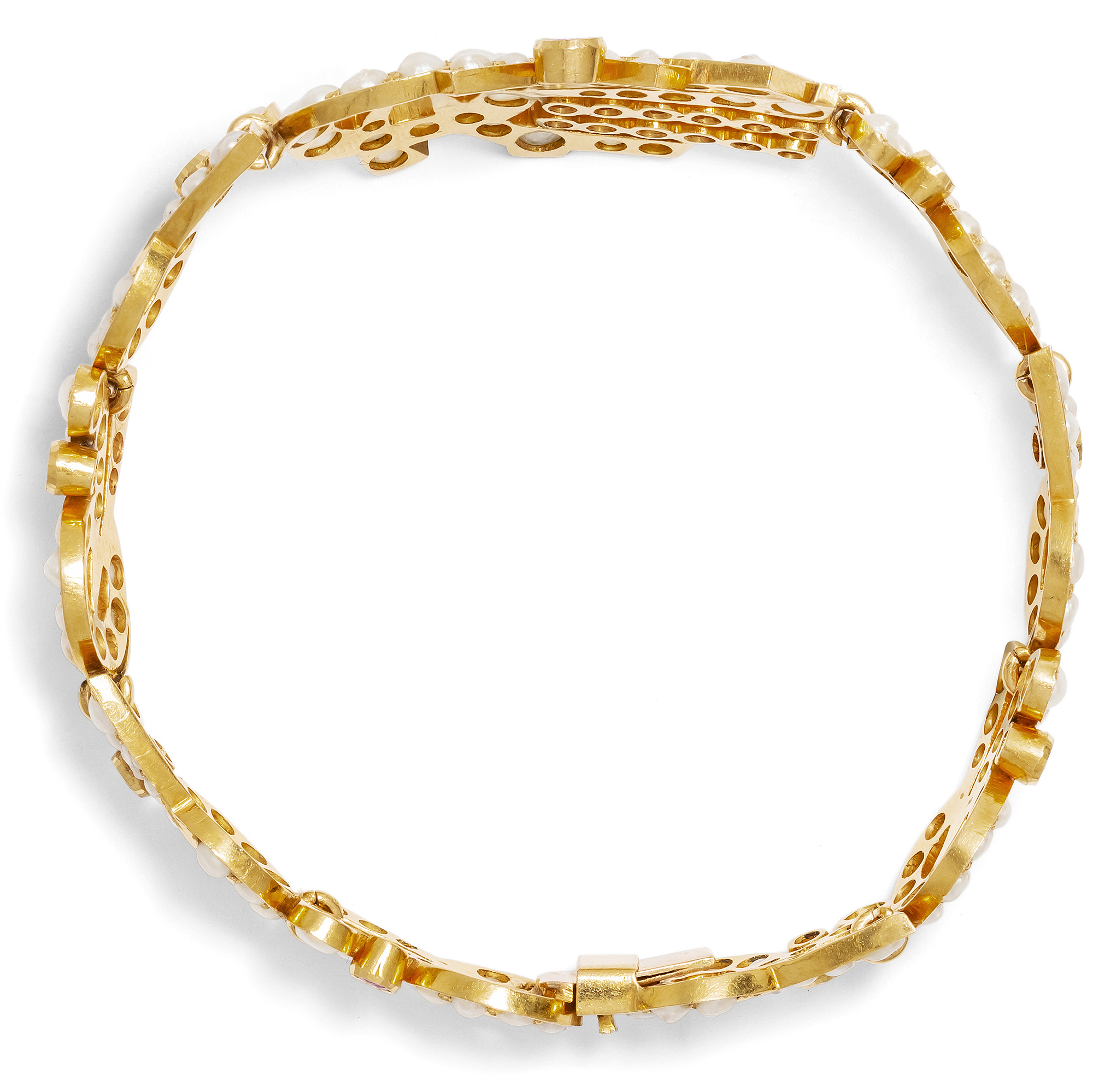 Glamorous "Drapery" Bracelet with Burma Rubies & Natural Pearls, 1940s Glamorous "Drapery" Bracelet with Burma Rubies & Natural Pearls, 1940s