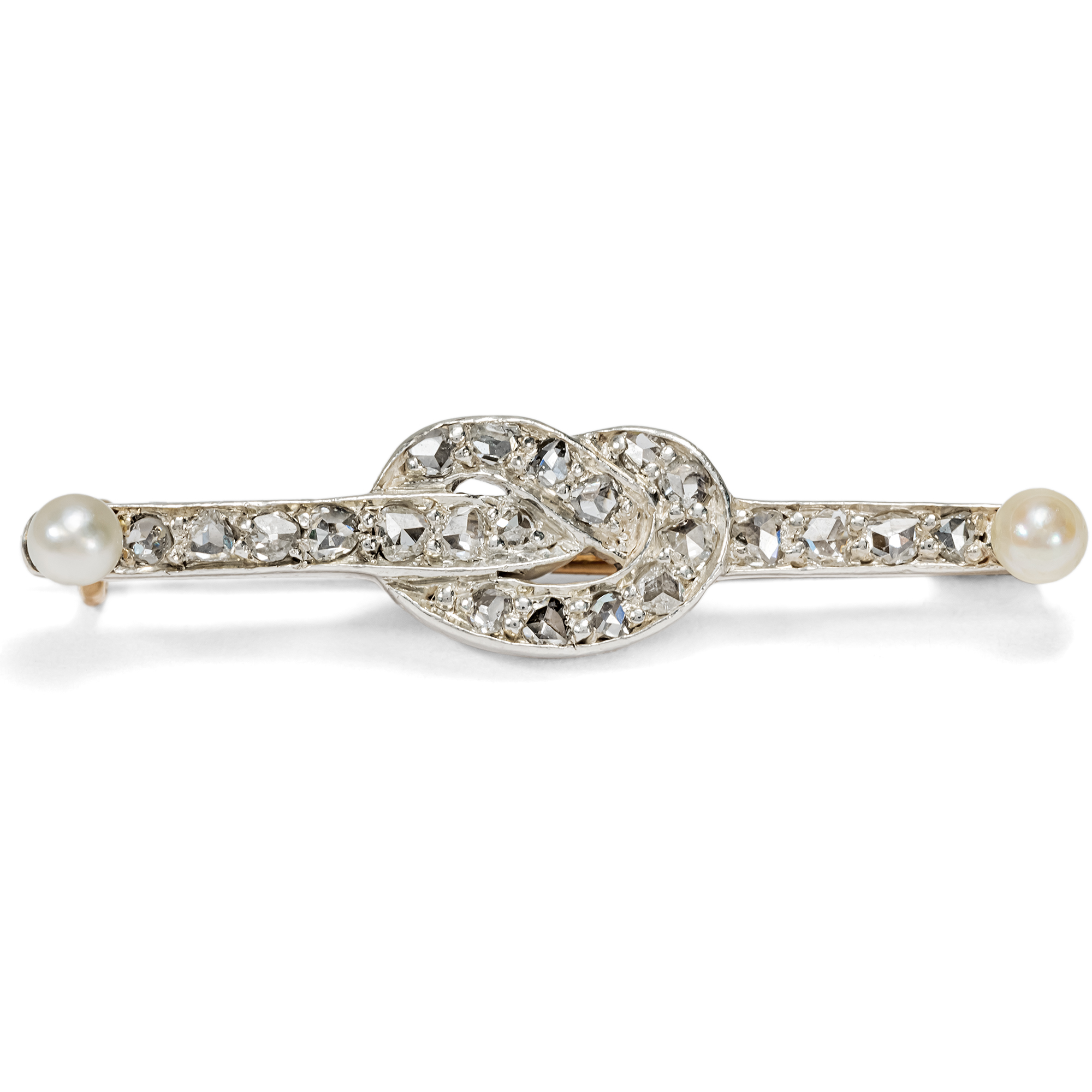 Romantischer Knoten mit Diamanten & Orientperlen in Gold & Silber, um 1890