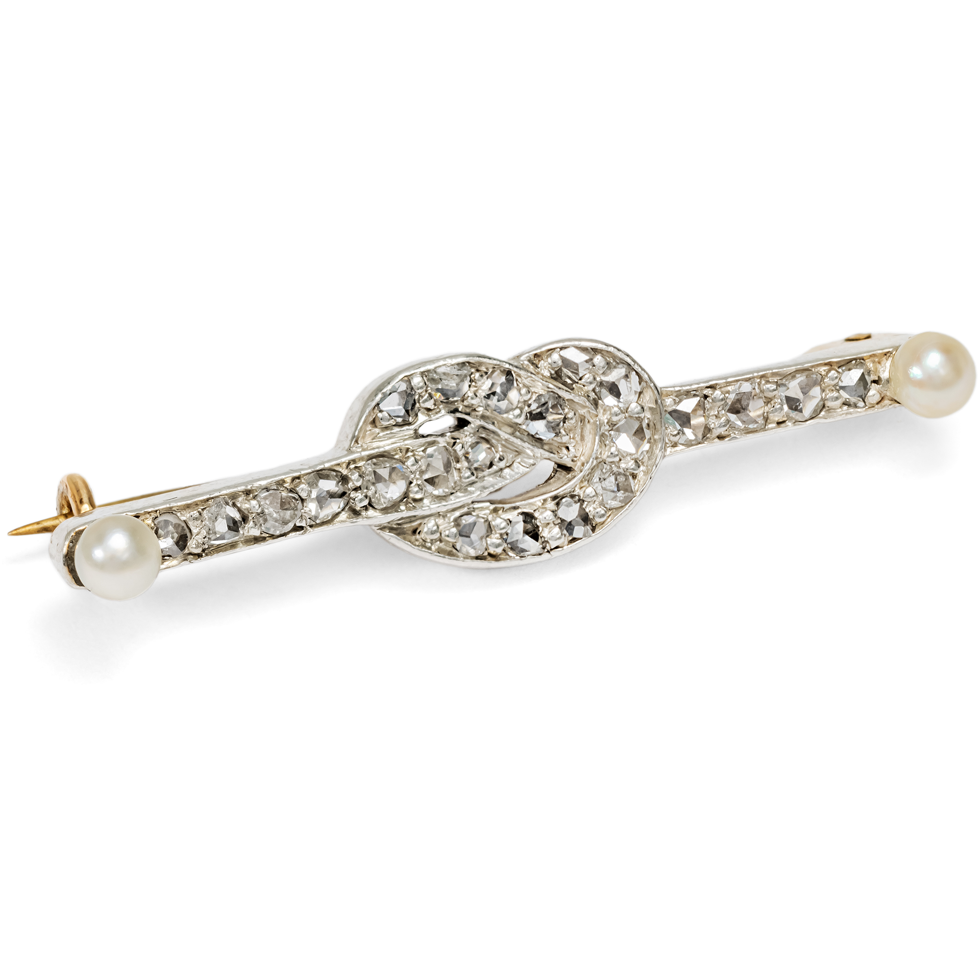 Romantischer Knoten mit Diamanten & Orientperlen in Gold & Silber, um 1890