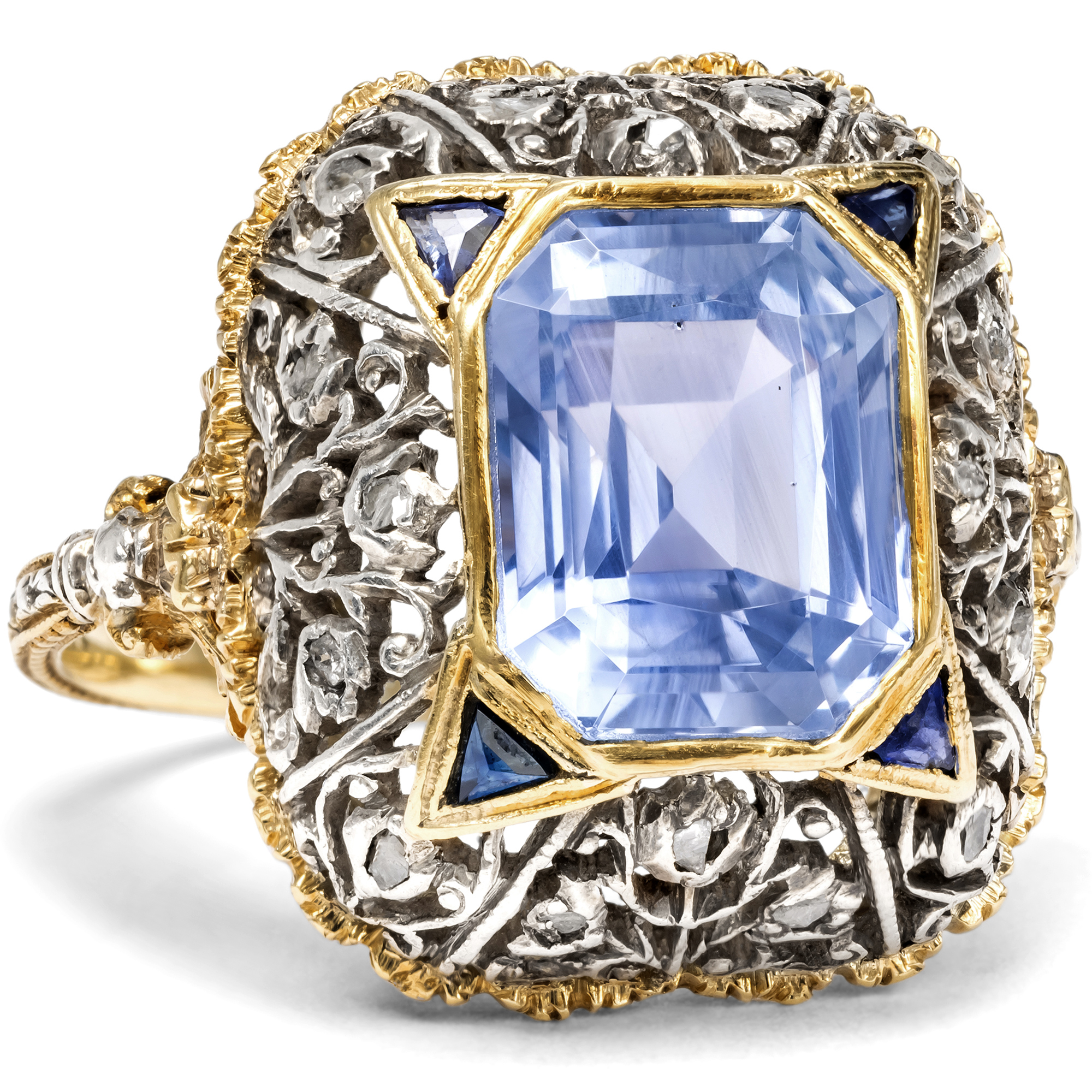 Wunderschöner Ring mit unbehandeltem Saphir in Silber & Gold, 1930er Jahre Wunderschöner Ring mit unbehandeltem Saphir in Silber & Gold, 1930er Jahre