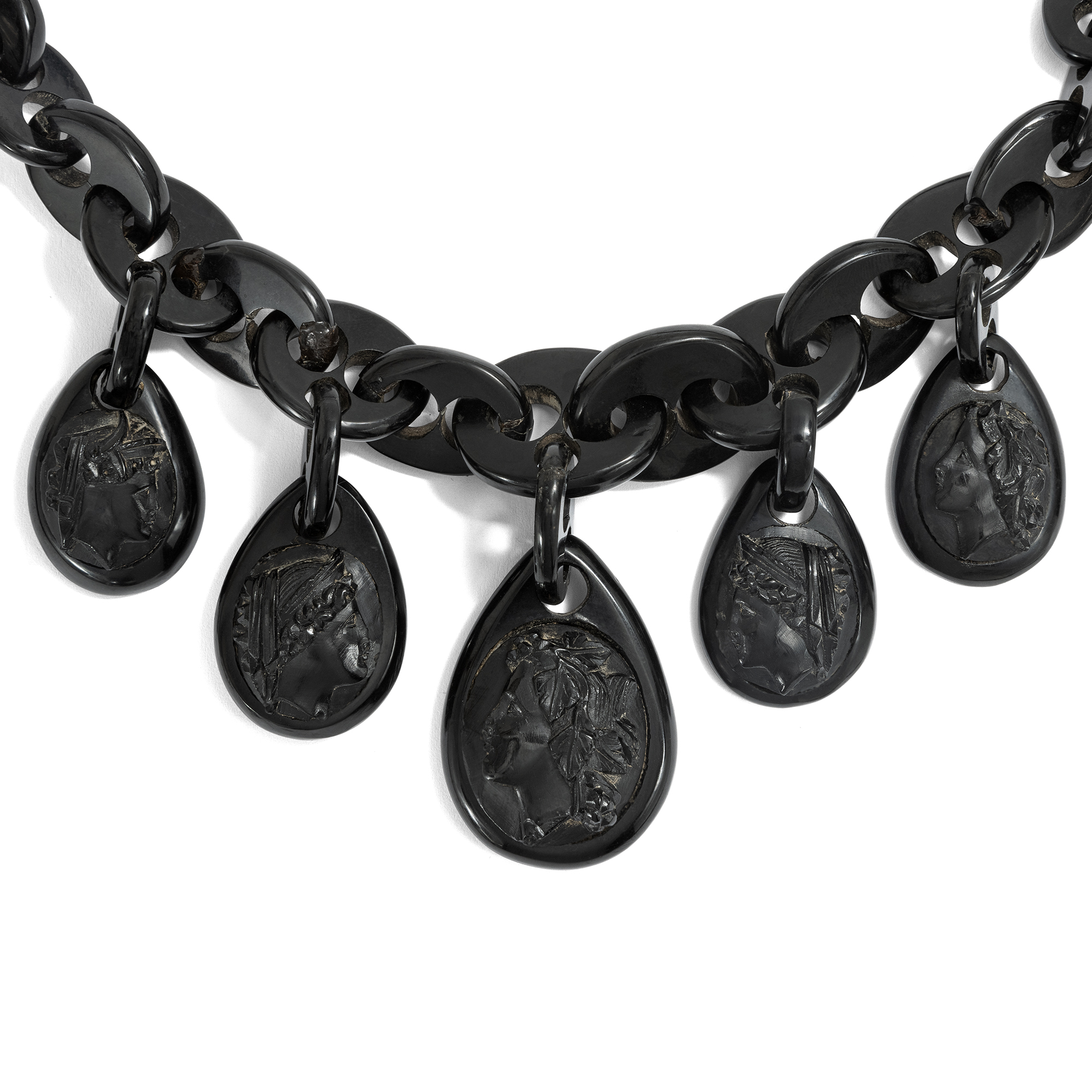 Large Victorian Whitby Jet Cameo Necklace, British, c. 1865