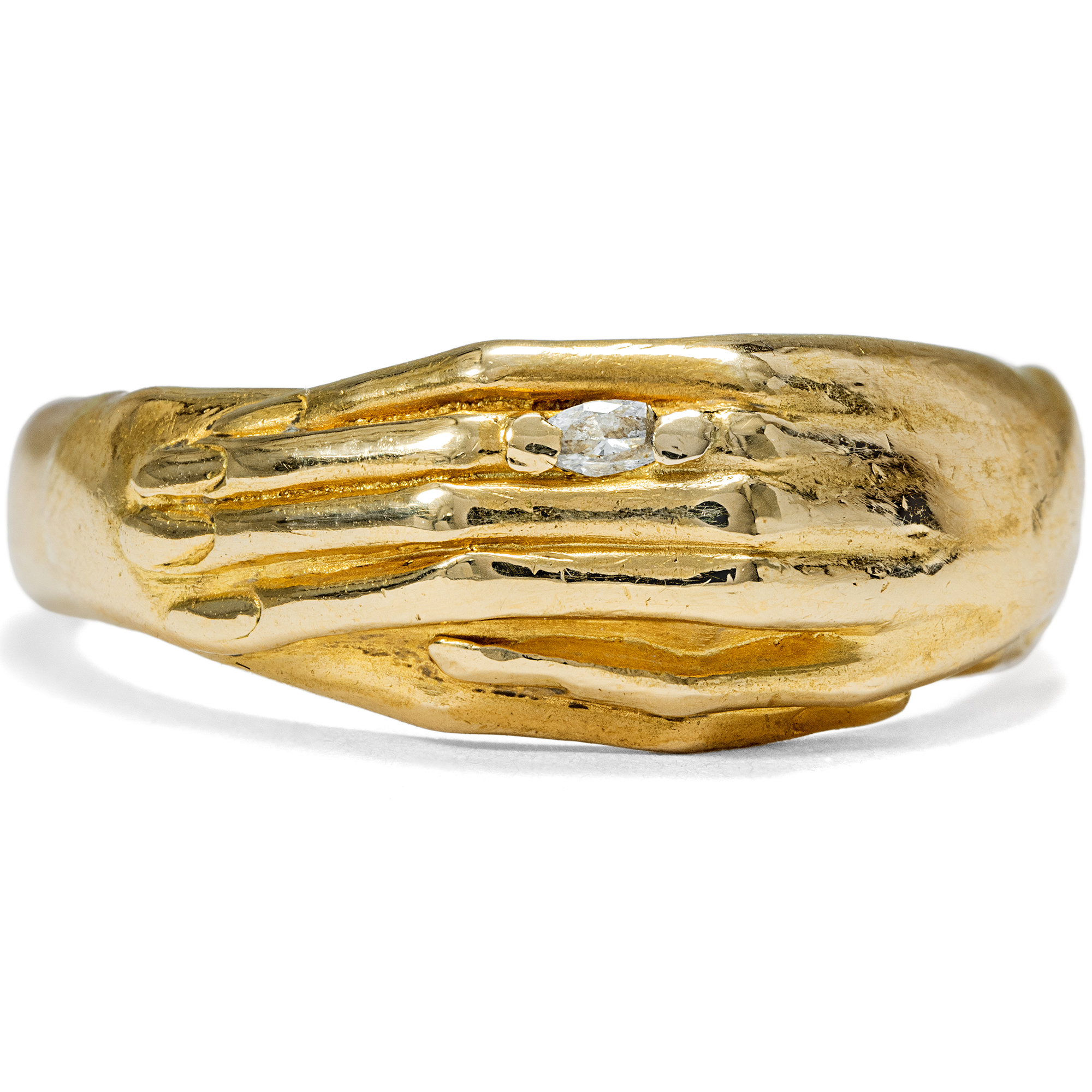 Unusual Gold Ring in the Shape of Clasped Hands with Diamond, c. 1980s