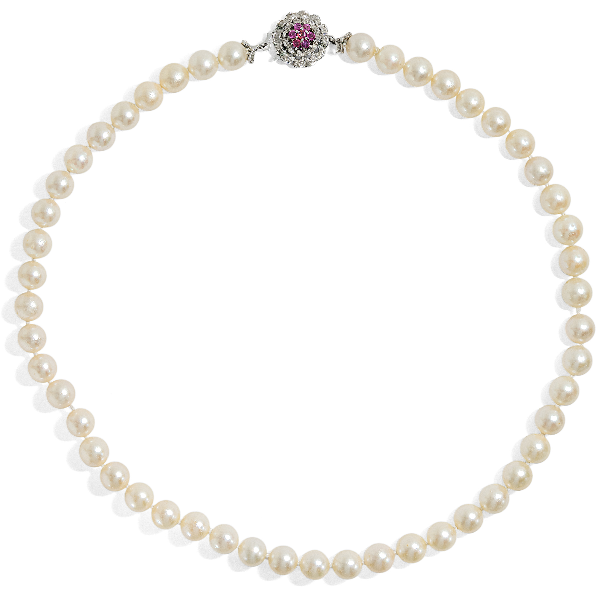 Strong pearl necklace with clasp in white gold & rubies, circa 1970