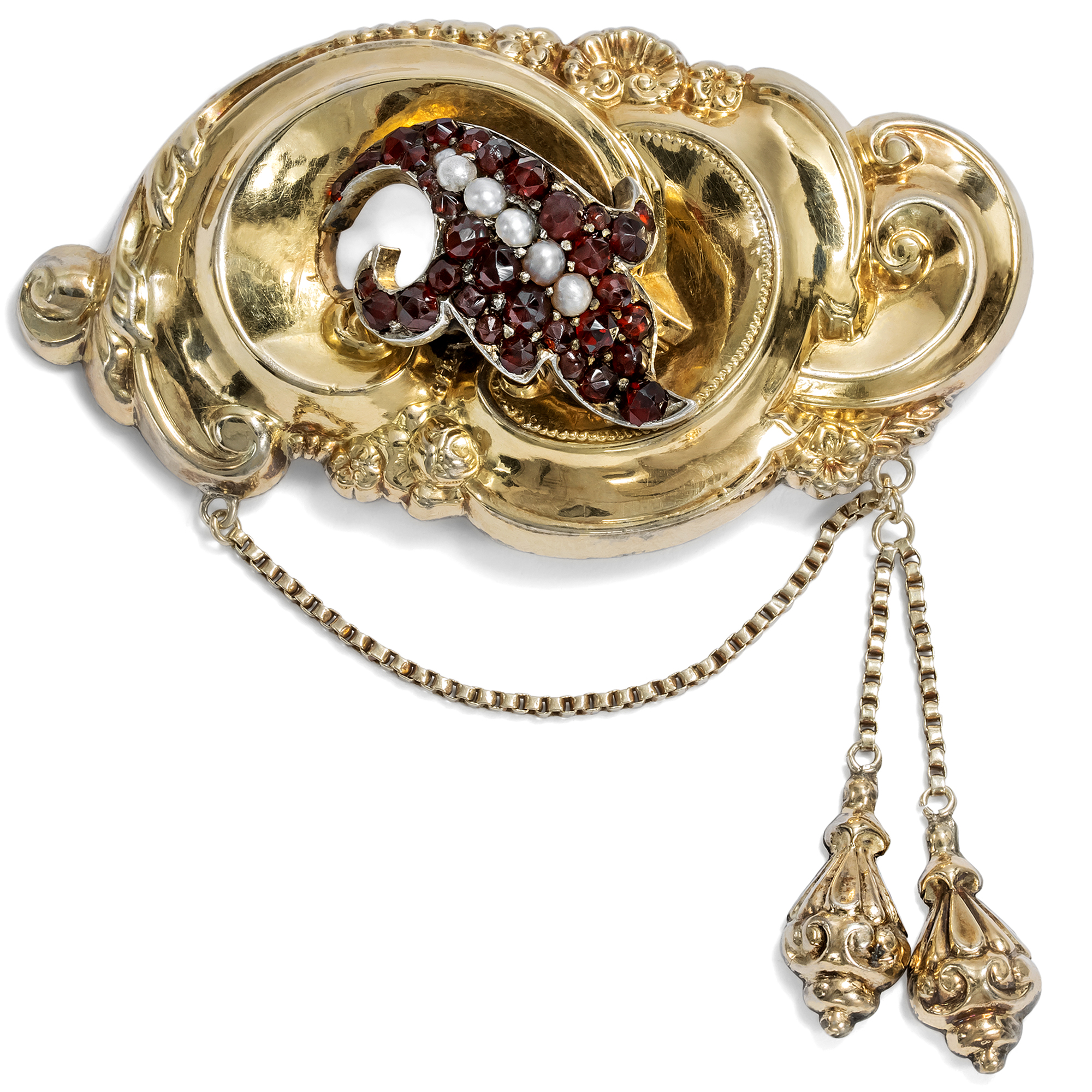 Antique Gold Brooch with Bohemian Garnets & Pearls, c. 1845