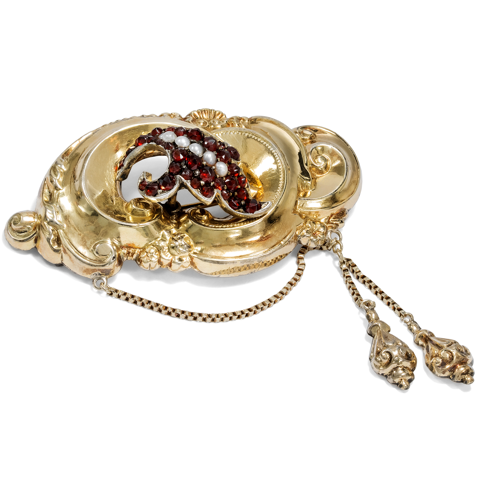 Antique Gold Brooch with Bohemian Garnets & Pearls, c. 1845