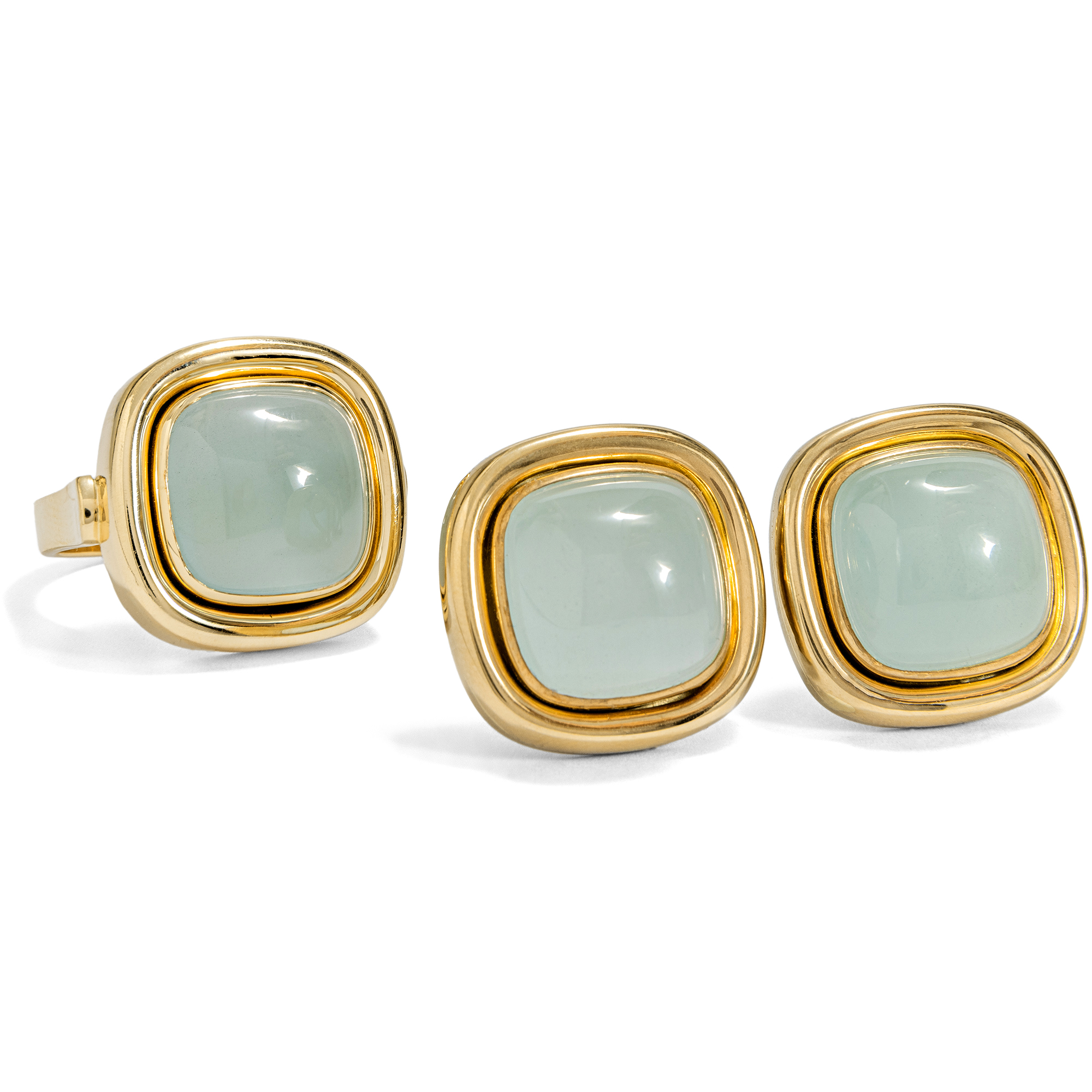 Glamorous Vintage Set of Ring & Ear Clips With Chalcedony in Gold, Circa 1975