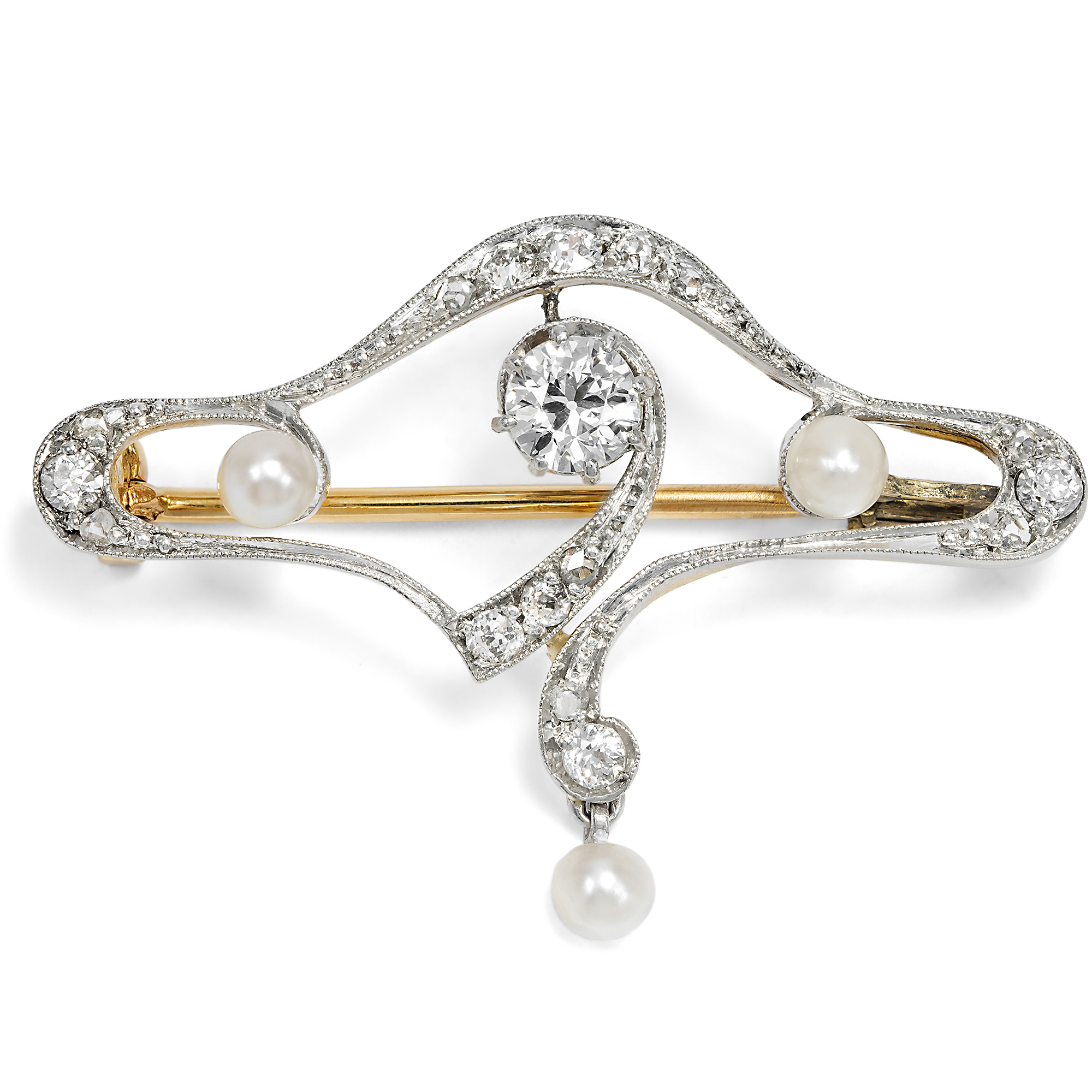 Edwardian Diamond and Pearl Brooch in Platinum on Gold, c. 1905