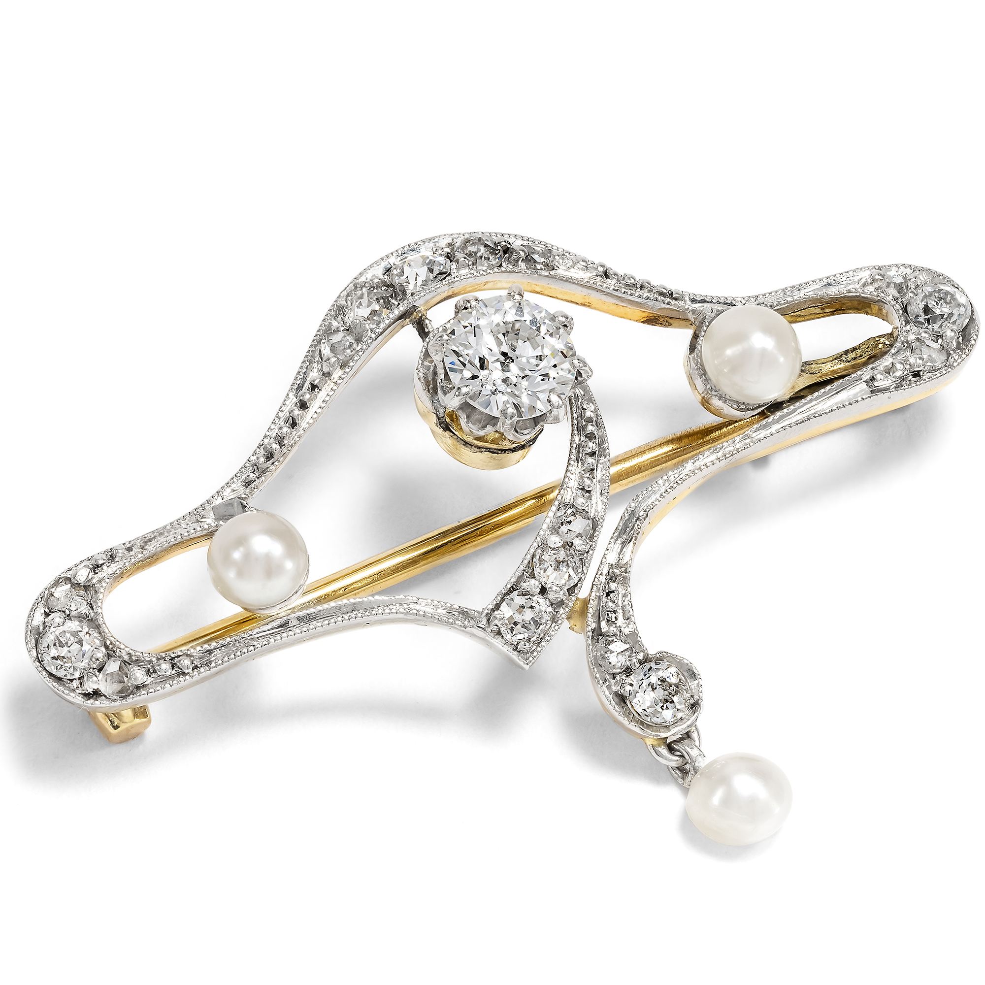 Edwardian Diamond and Pearl Brooch in Platinum on Gold, c. 1905