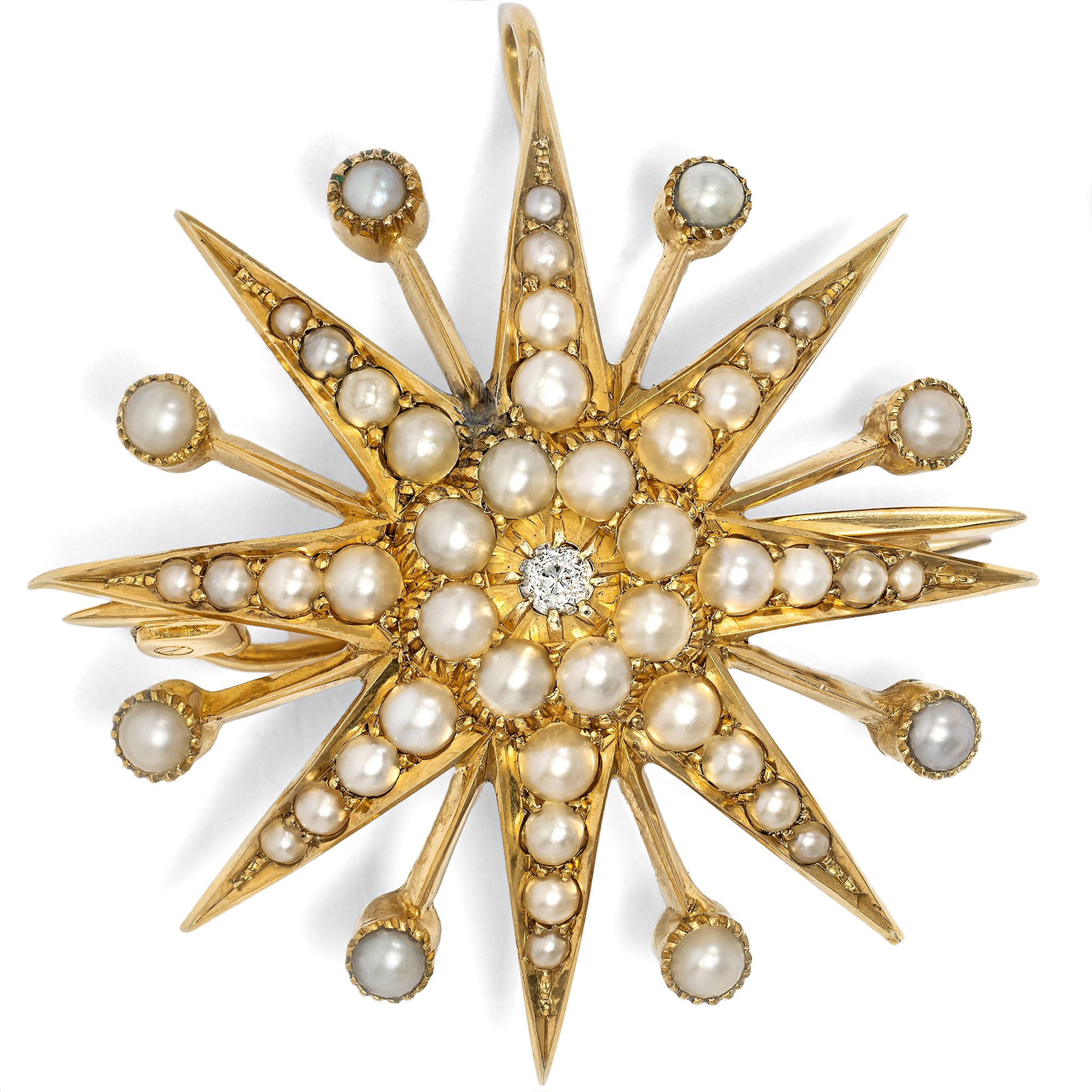 Victorian pendant brooch with diamond & pearls in gold, circa 1900