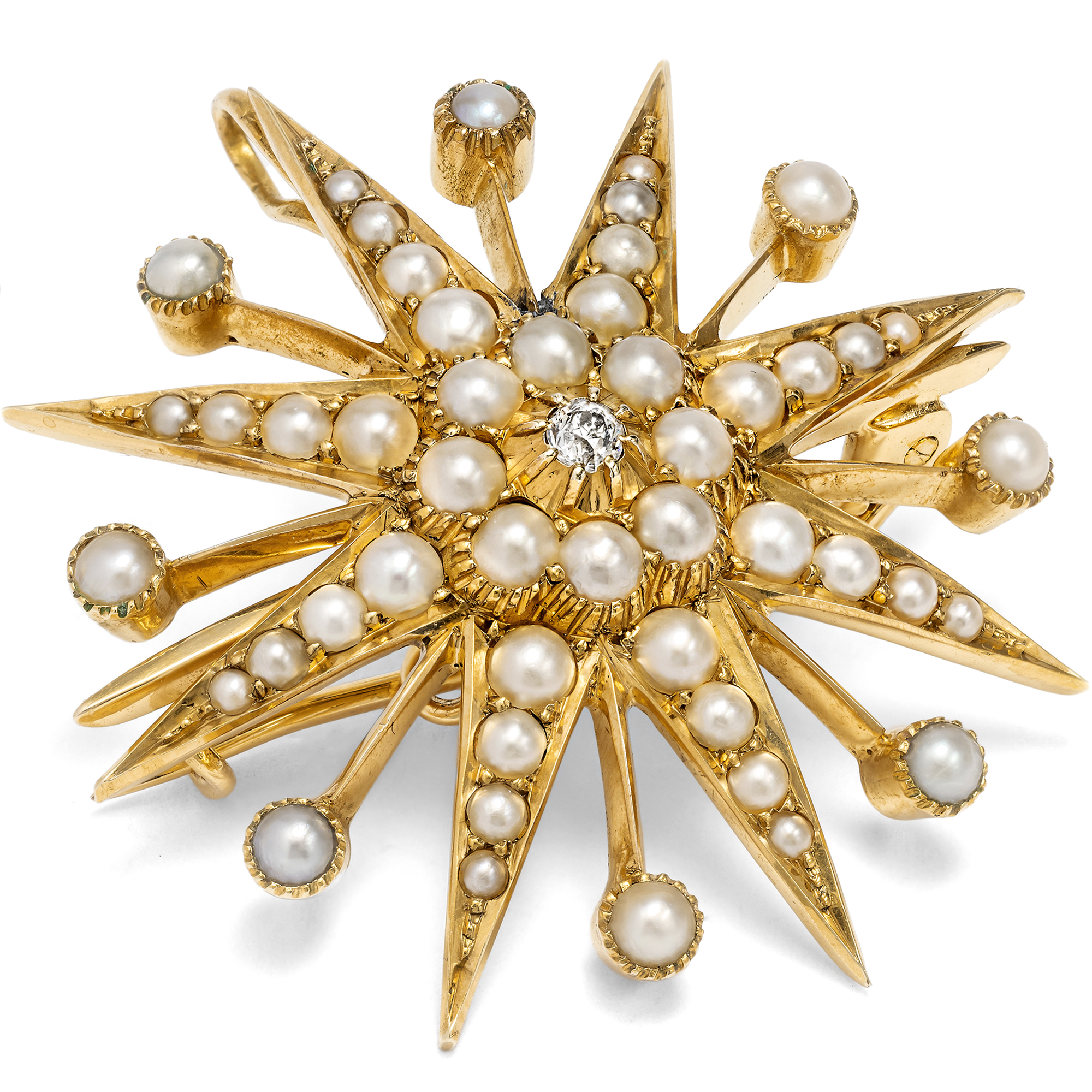 Victorian pendant brooch with diamond & pearls in gold, circa 1900