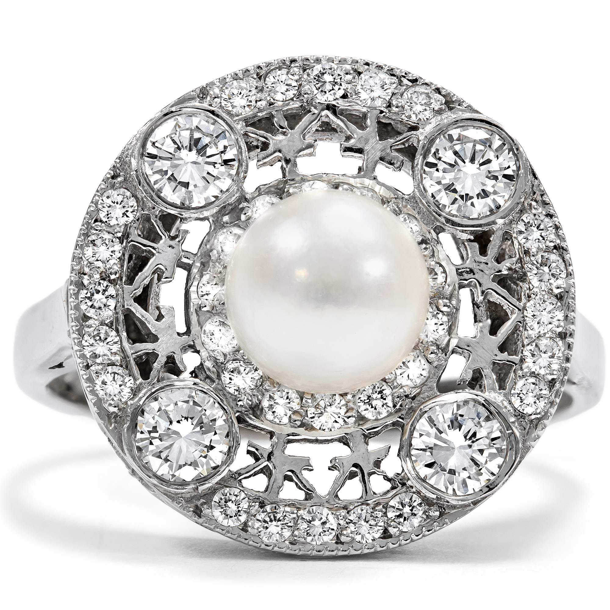 Vintage Target Ring with Pearl and Diamonds in White Gold, London 1986