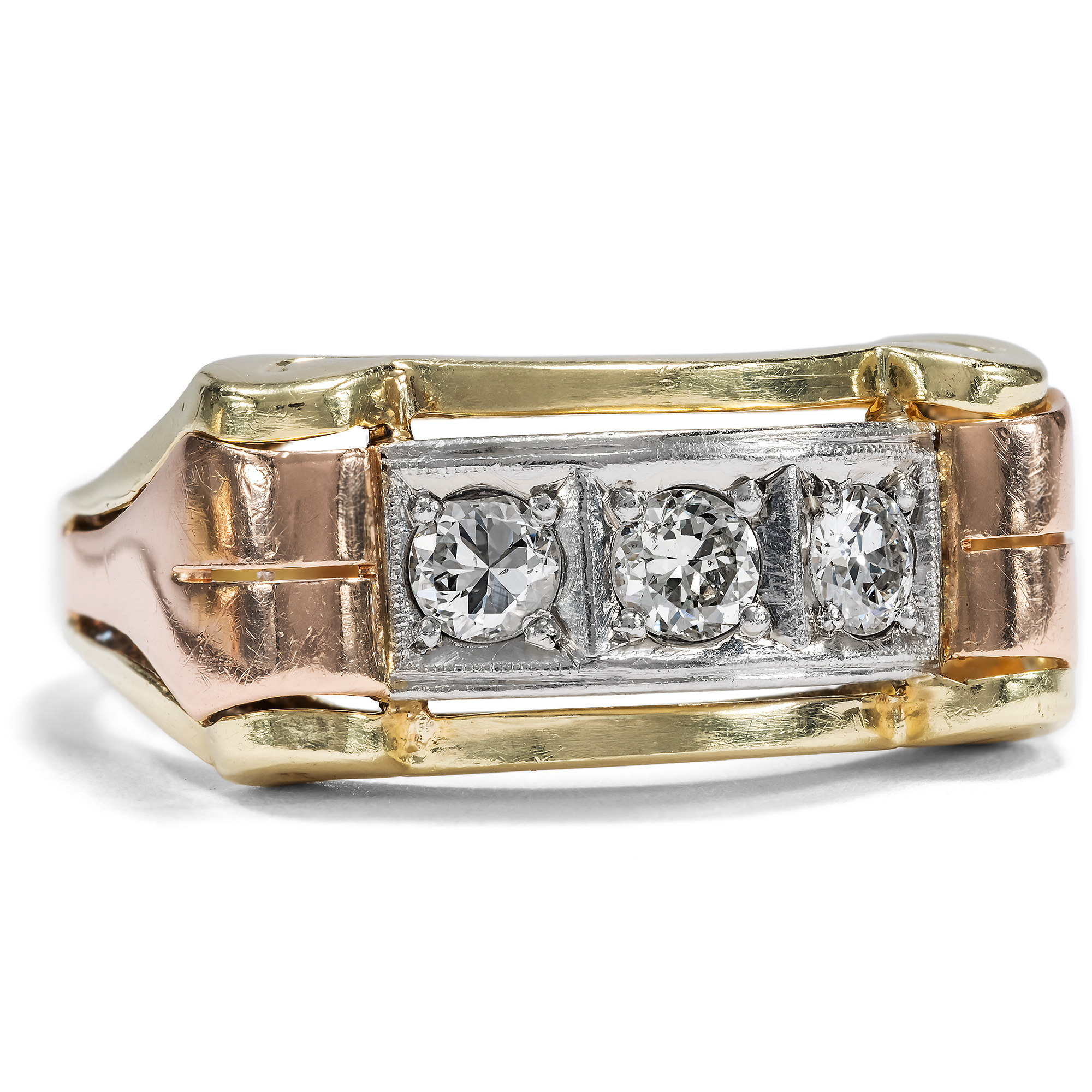 Kraftvoller Ring im „Retro-Style“ mit Diamanten in dreifarbigem Gold, um 1940