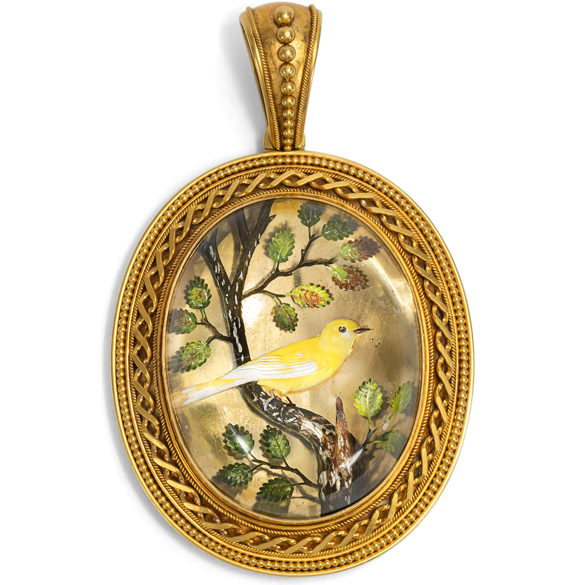 Antiker Medaillon-Anhänger mit Essex Crystal eines Kanarienvogels, um 1865