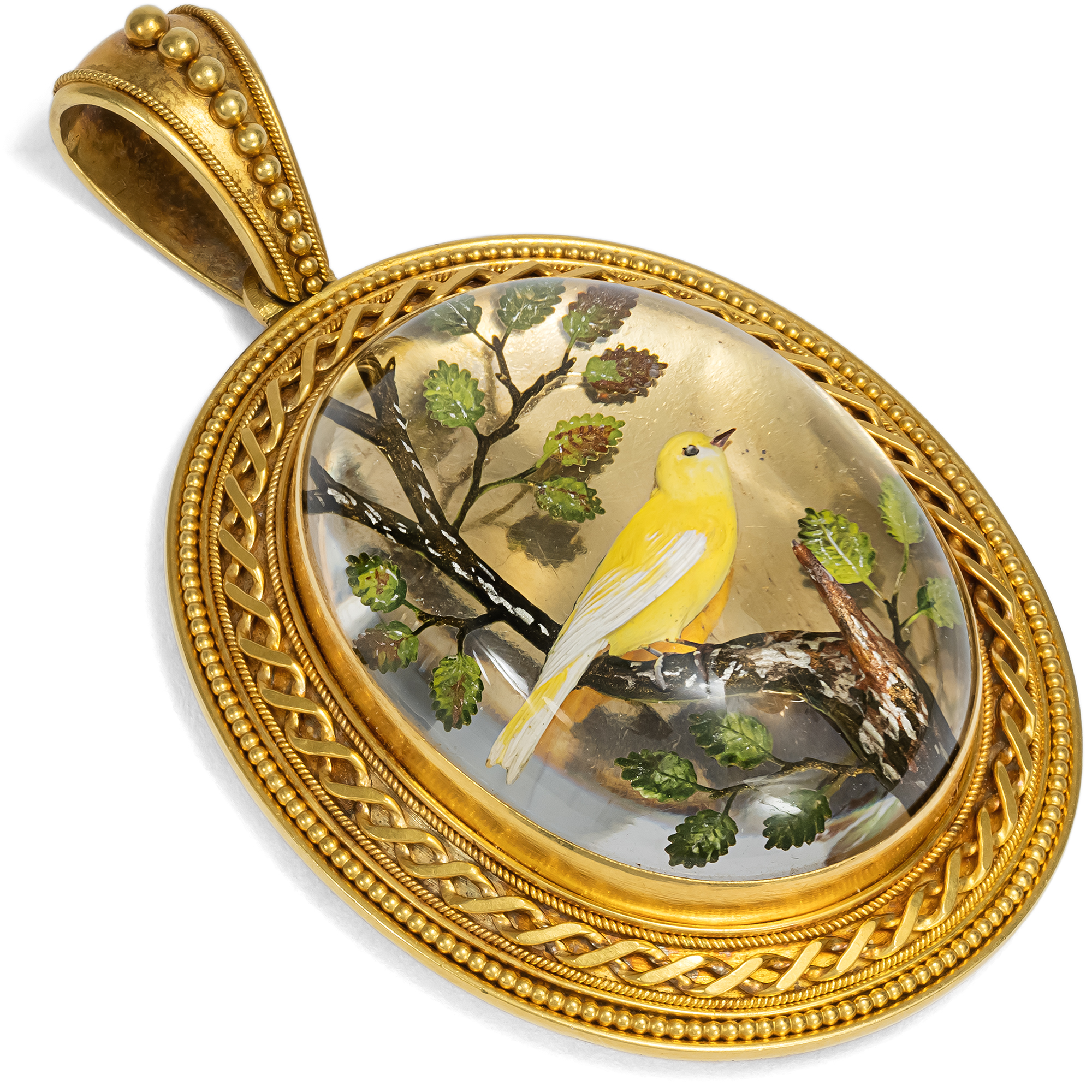 Antiker Medaillon-Anhänger mit Essex Crystal eines Kanarienvogels, um 1865