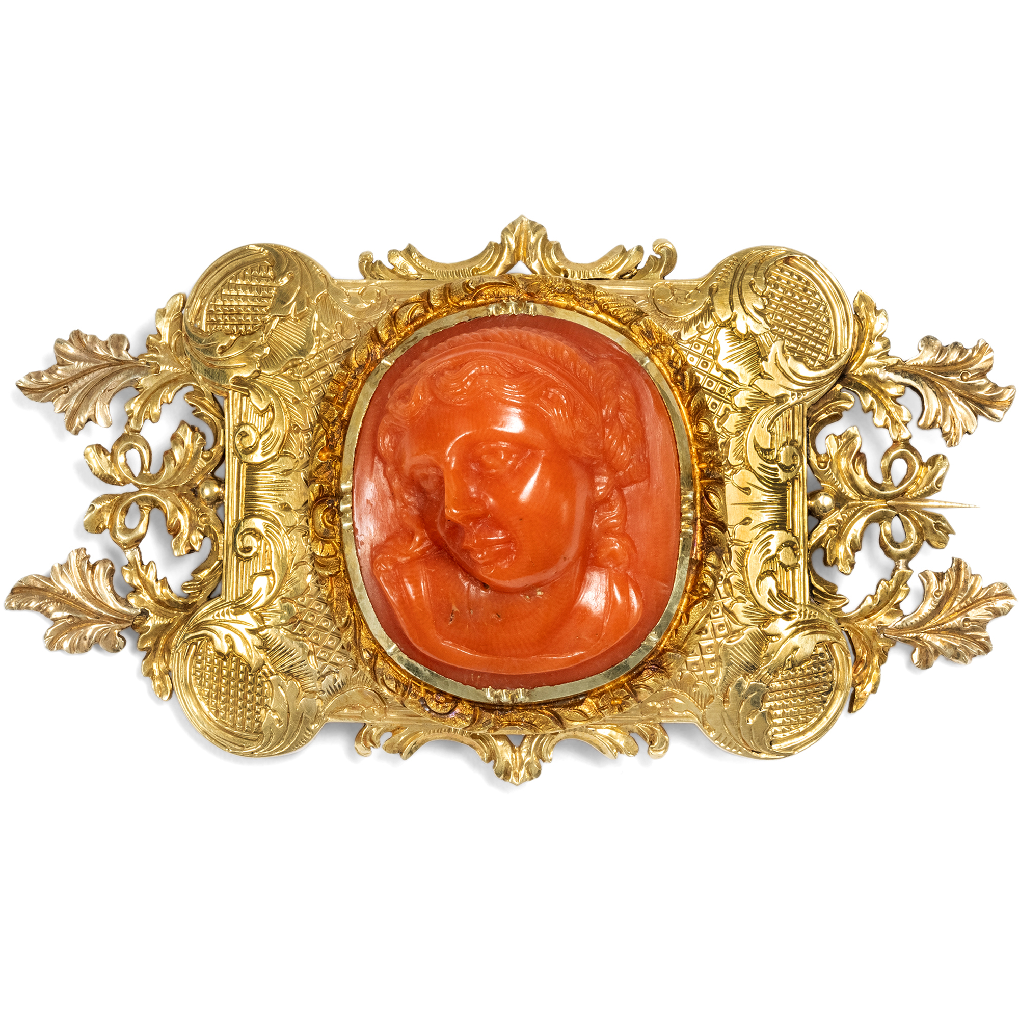 Large Biedermeier Gold Brooch with Coral Cameo of Hera, c. 1840