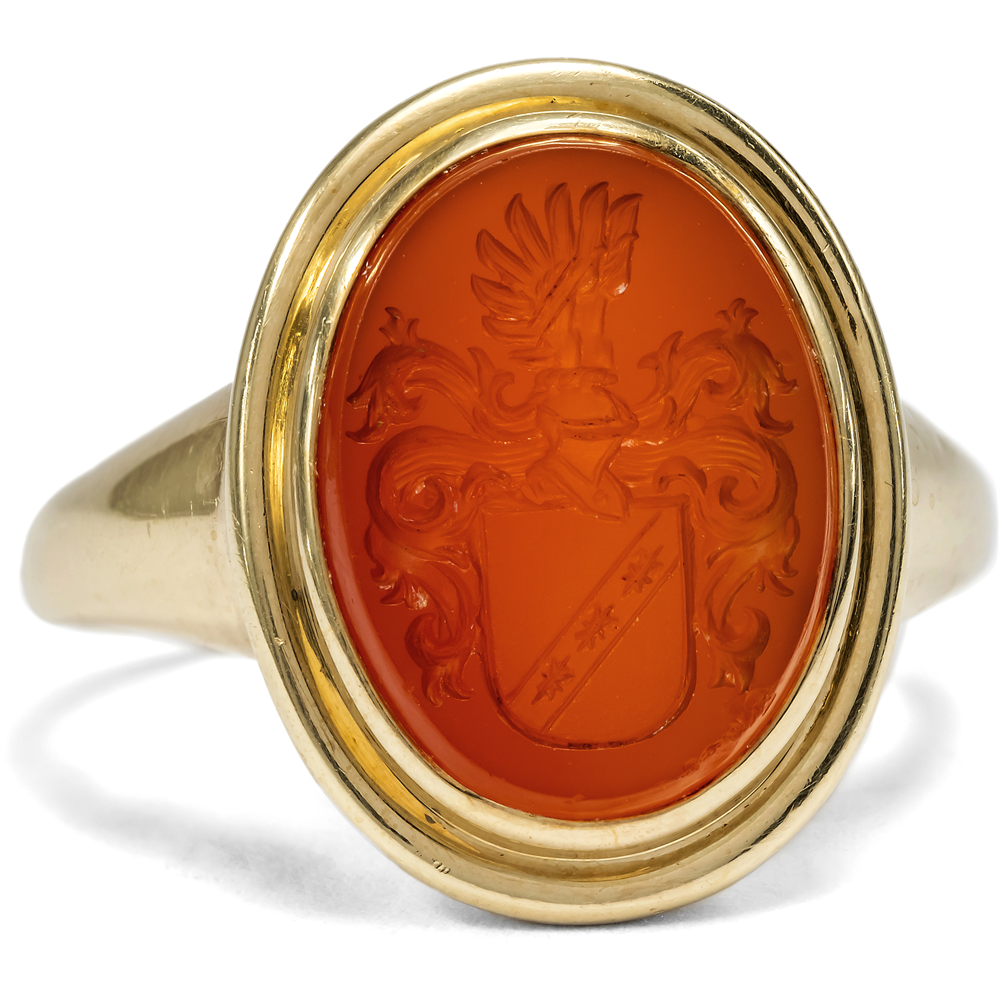 Antique Gold Crest Ring with Engraved Carnelian, Germany c. 1935