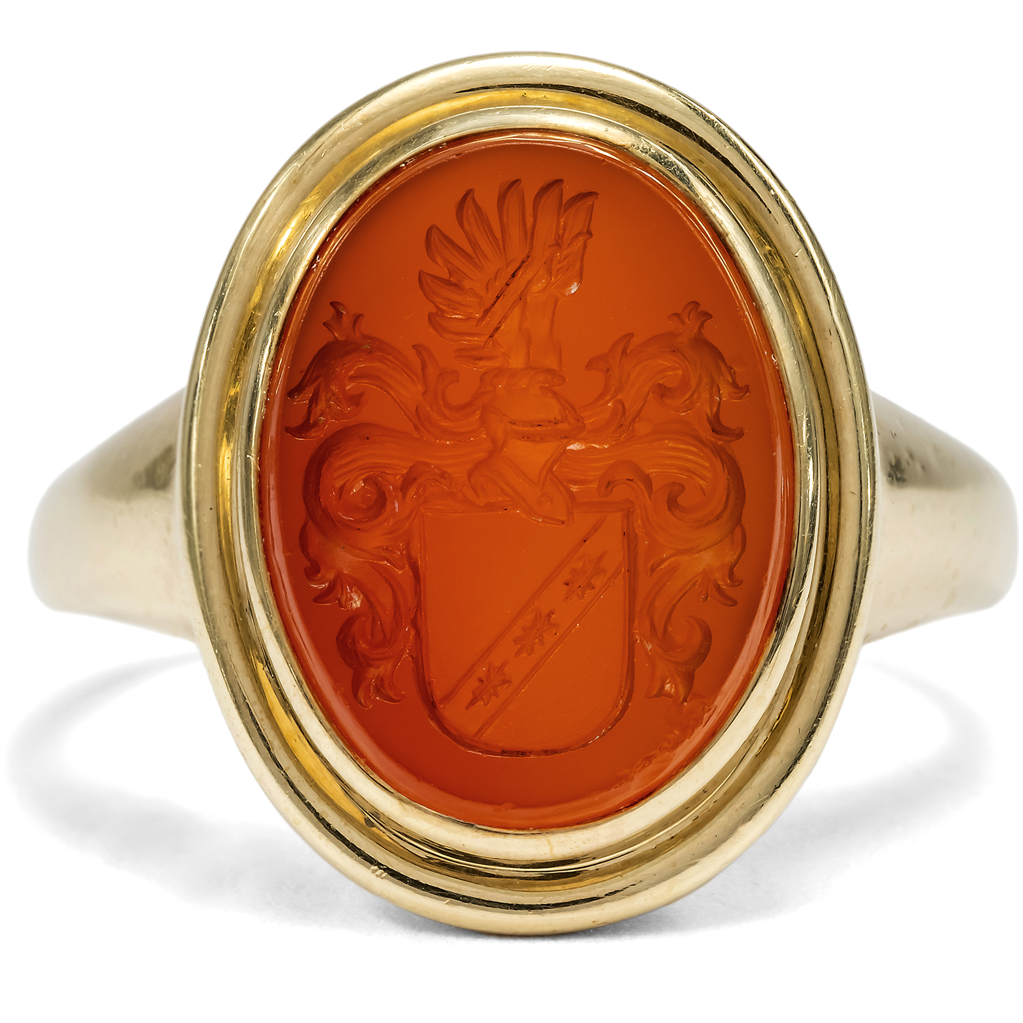 Antique Gold Crest Ring with Engraved Carnelian, Germany c. 1935